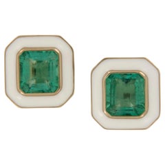18 Karat Yellow Gold 1. 62 Carat Emerald and Enamel Queen Earrings by Goshwara