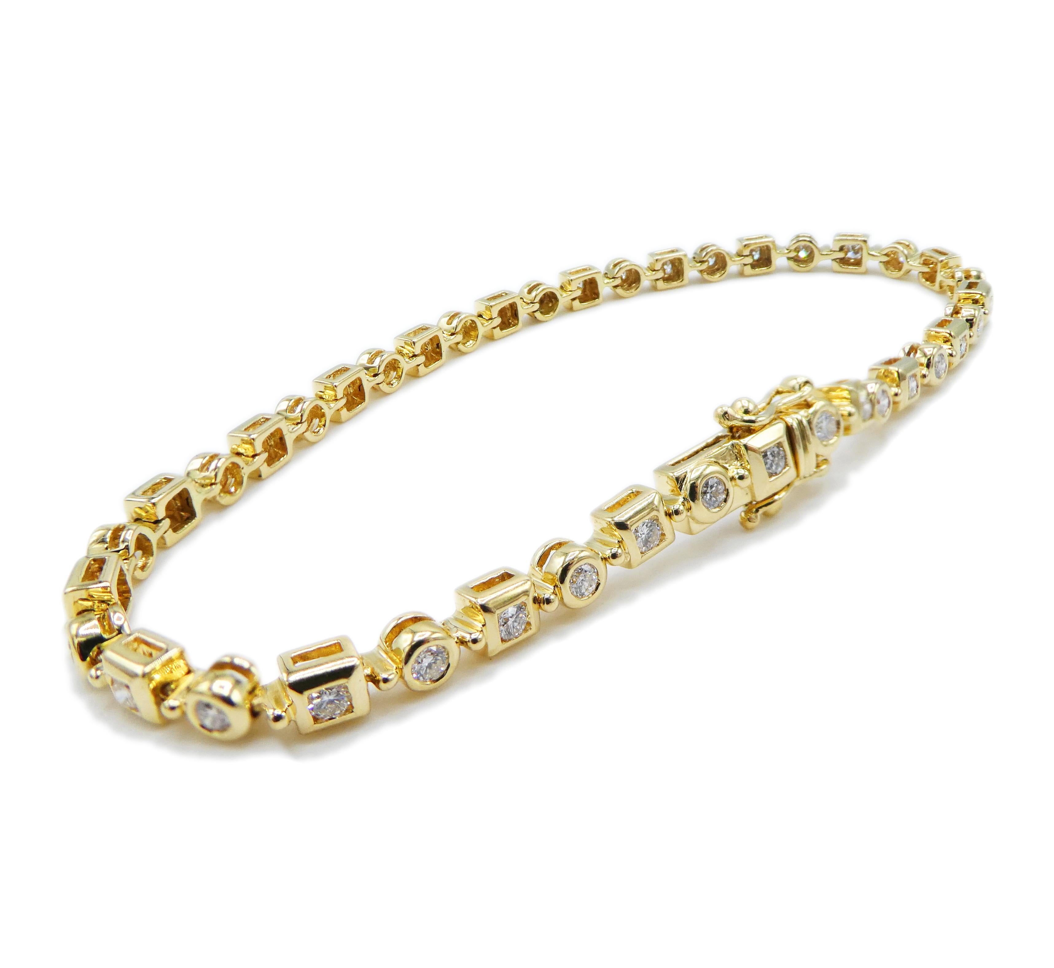 1.00 Carat Diamond 18 Karat Yellow Gold Tennis Bracelet Round Brilliant  Art Deco Style

Metal: 18K Yellow Gold 750
Weight: 11.35 grams
Diamonds: Approx 1.00 CTW (40 round brilliant cut diamonds) G-H VS-SI
Length: 7 inches
Markings: stamped