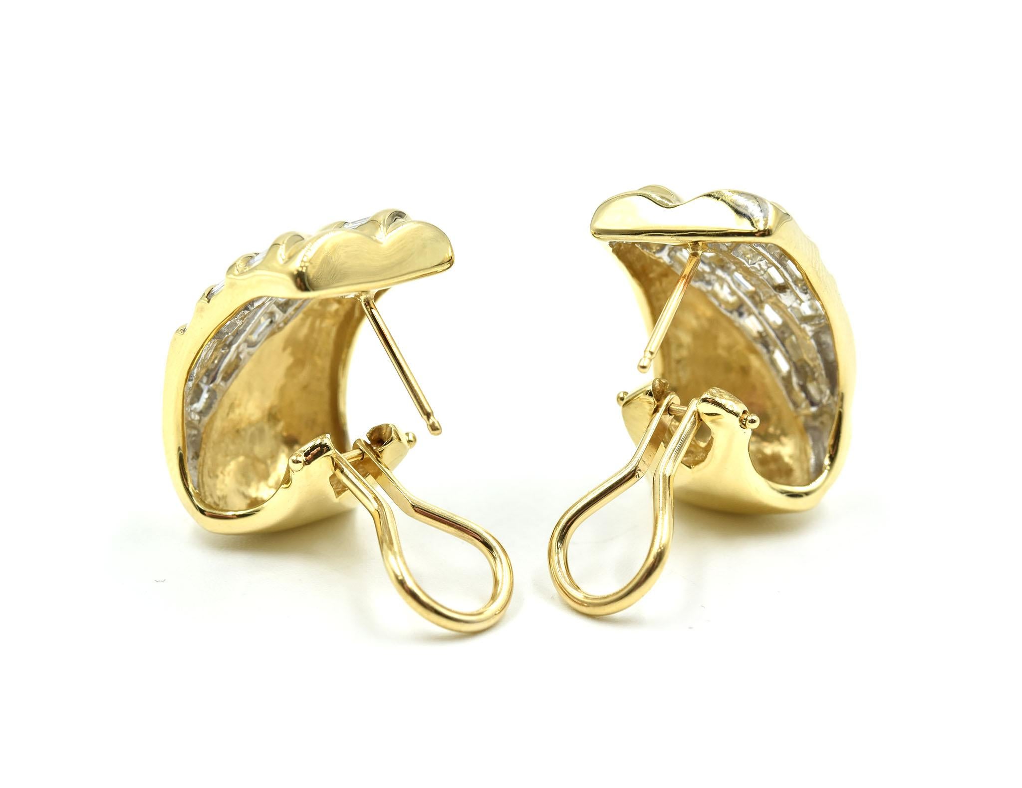 Women's 18 Karat Yellow Gold, 1.00 Carat Baguette Diamond Large Half-Hoop Earrings