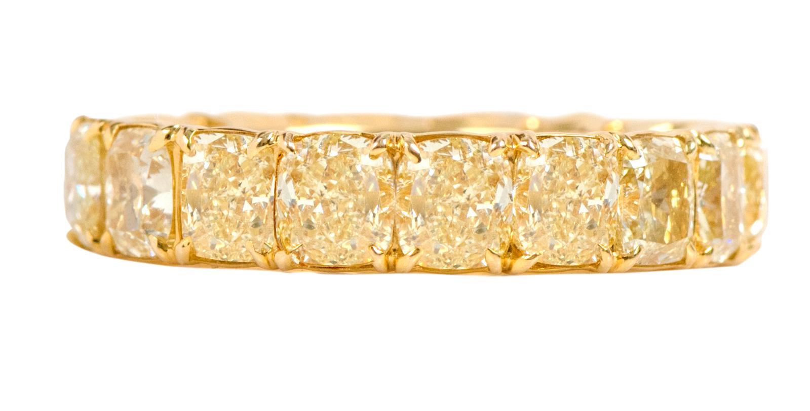 18 Karat Yellow Gold 10.01 Carat Solitaire Canary Yellow Diamond Eternity Band Ring

This magnanimous canary yellow diamond solitaire band is marvelous. The eternity intense yellow cushion cut diamond band is elegantly set with a continuous line of