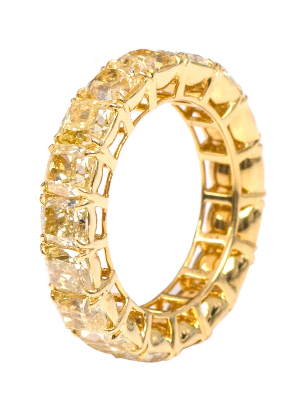 Cushion Cut 18 Karat Yellow Gold 10.01 Carat Solitaire Yellow Diamond Eternity Band Ring For Sale