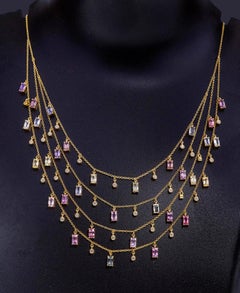 18 Karat Yellow Gold 10.09 Carat Sapphire and Diamond Multi-Strand Necklace