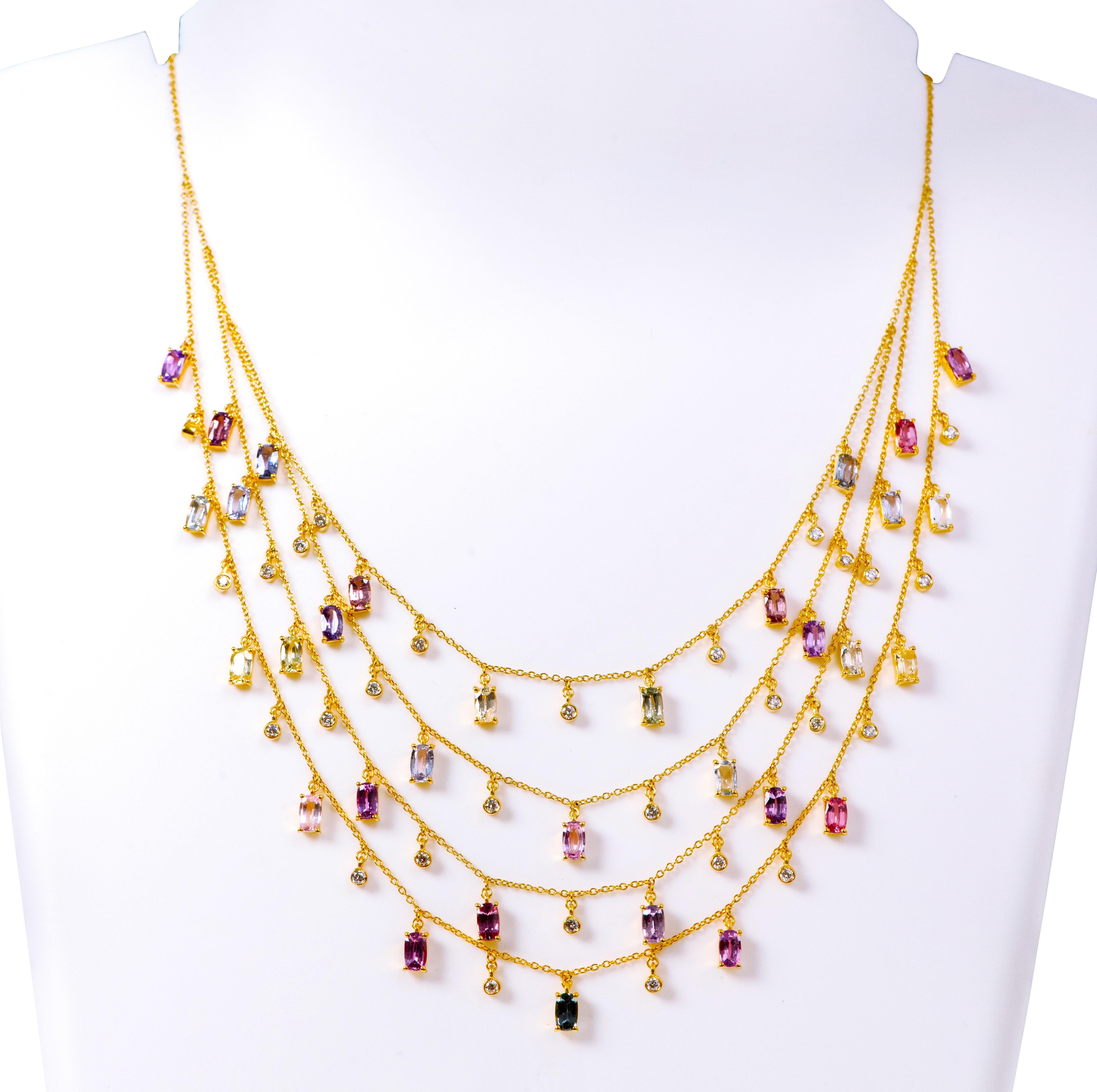 Contemporary 18 Karat Yellow Gold 10.09 Carat Sapphire and Diamond Multi-Strand Necklace For Sale