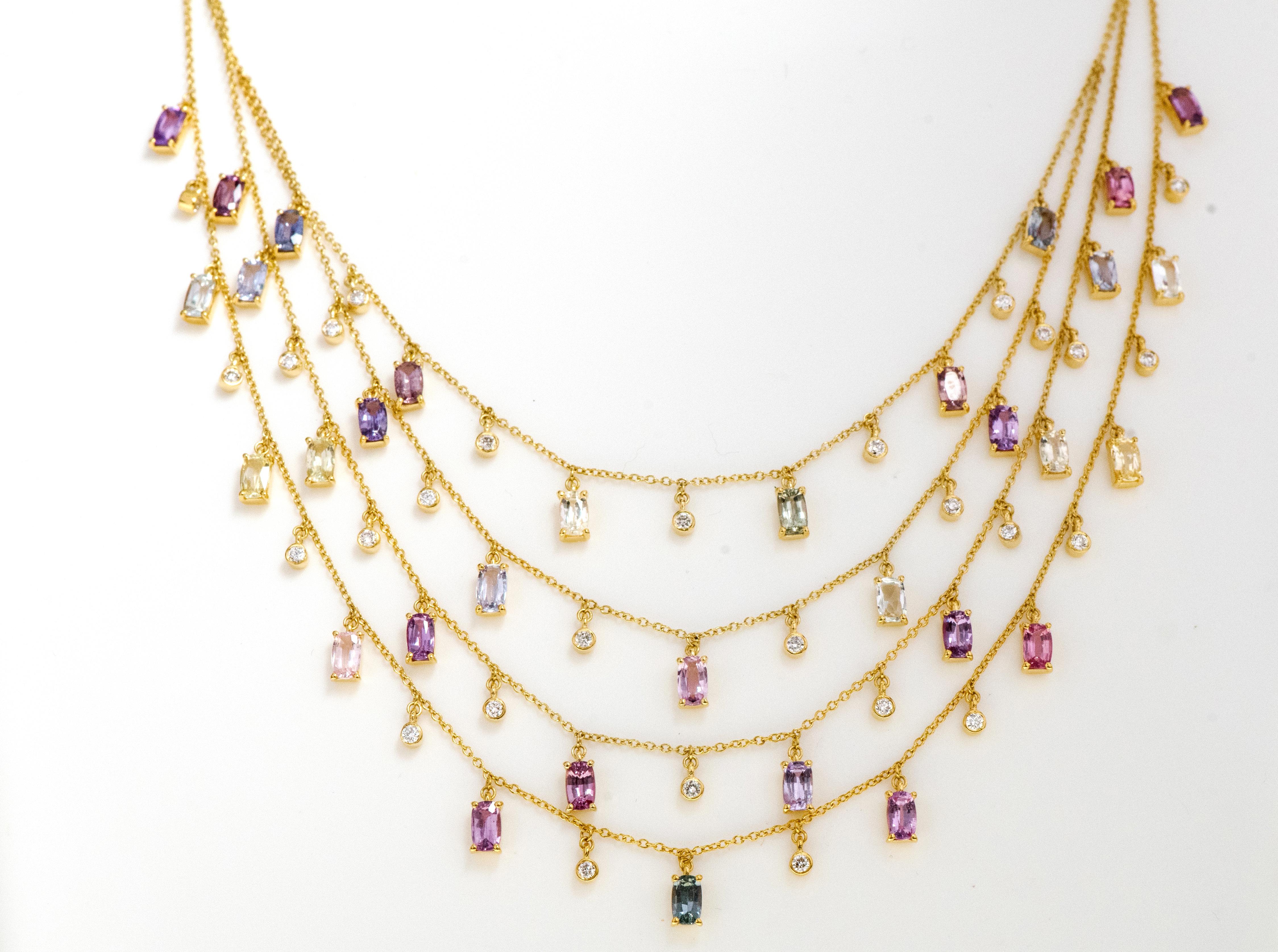 Women's 18 Karat Yellow Gold 10.09 Carat Sapphire and Diamond Multi-Strand Necklace For Sale