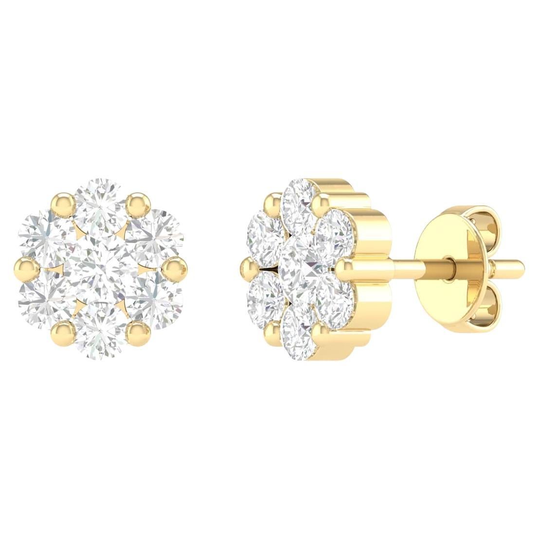 Clous d'oreilles fleur en or jaune 18 carats avec diamants de 1,01 carat