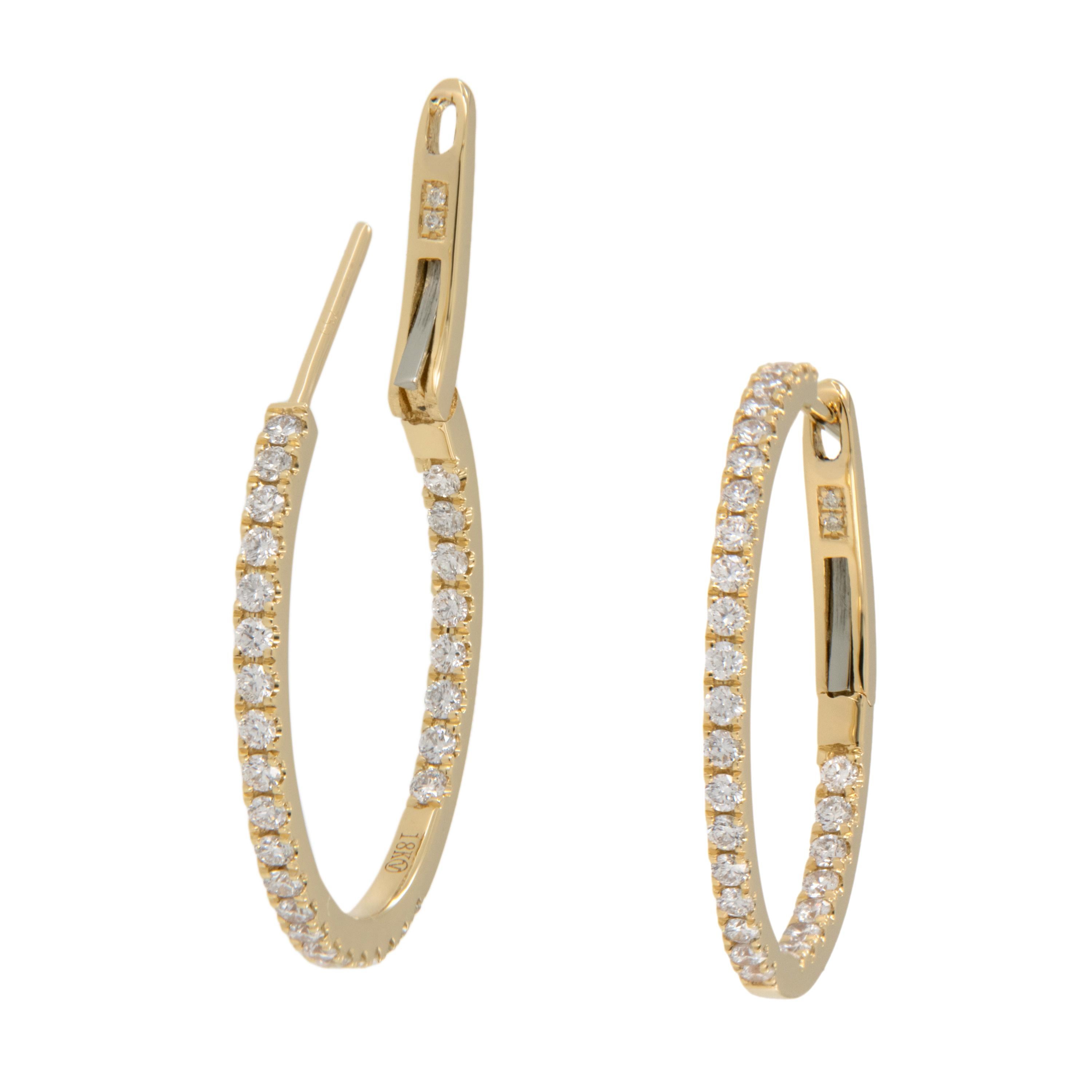 These are the most durable diamond hoops you can get - solid with no hinge to wear out or become loose. Top that off with rich 18 karat yellow gold and 62 RBC diamonds = 1.02 Cttw being VS - SI and F - G  color  you can't go wrong. Oh... notice the
