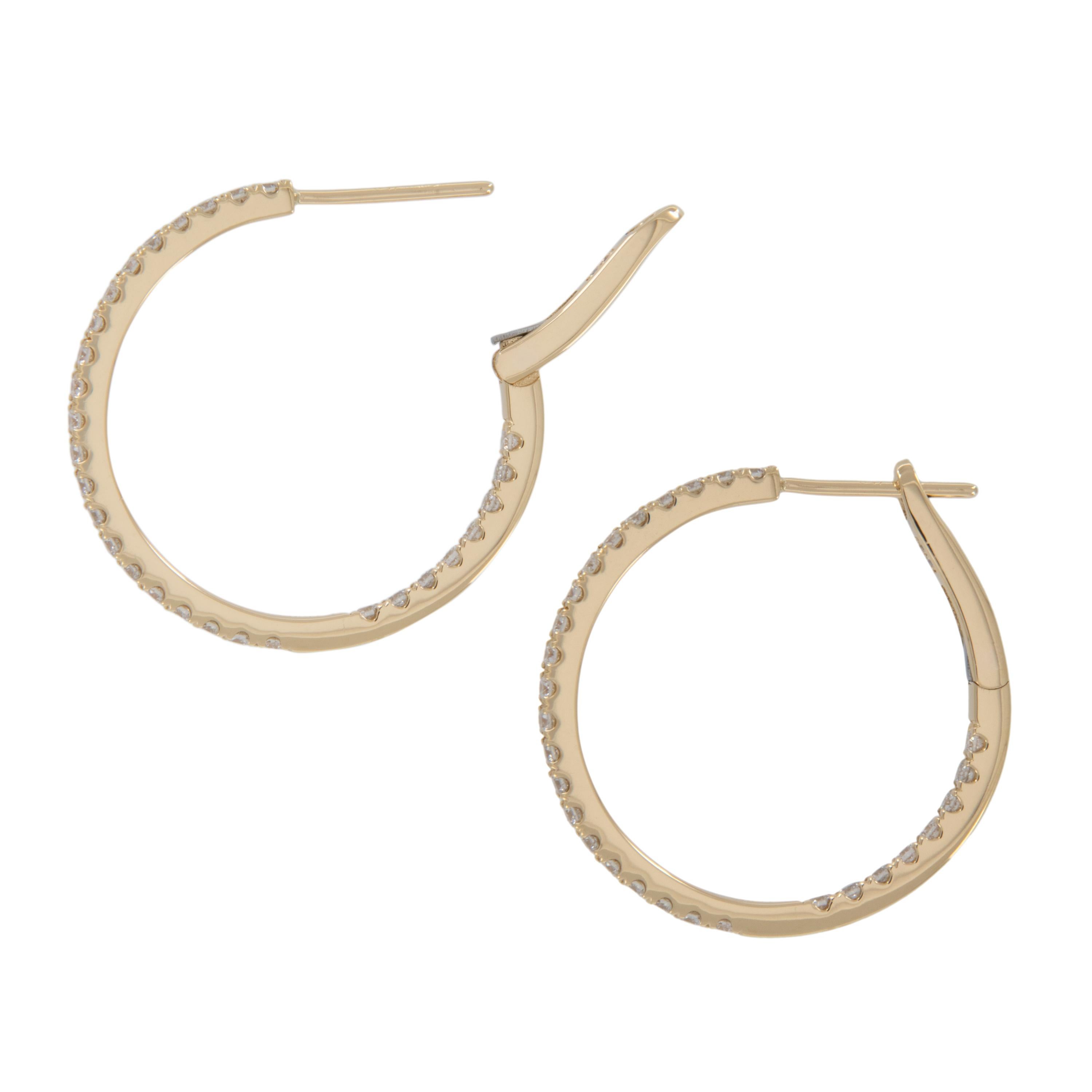 Round Cut 18 Karat Yellow Gold 1.02 Cttw Diamond Inside Outside Hoop Earrings For Sale