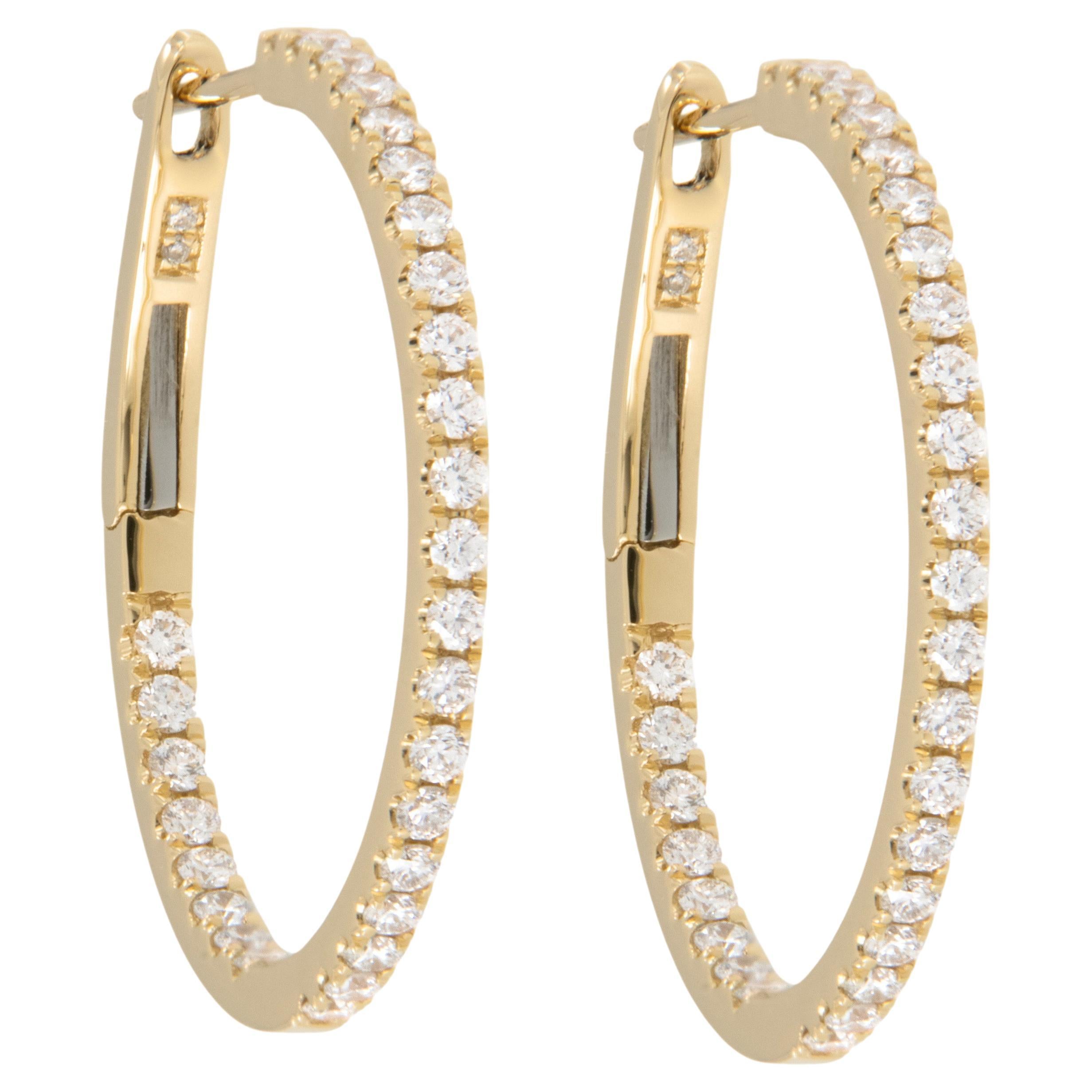 18 Karat Yellow Gold 1.02 Cttw Diamond Inside Outside Hoop Earrings For Sale