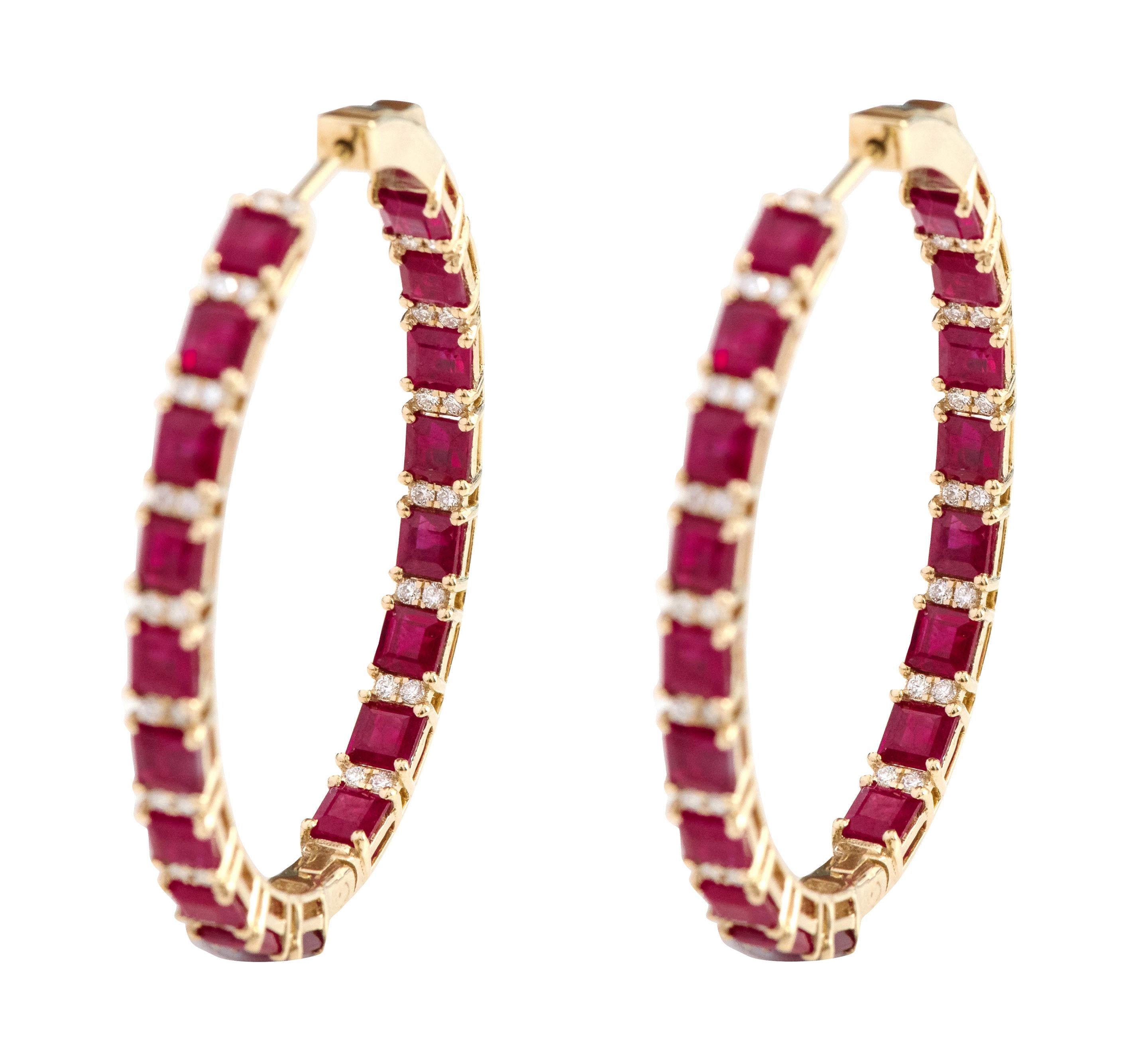 Princess Cut 18 Karat Yellow Gold 10.42 Carats Ruby and Diamond Hoop Earrings