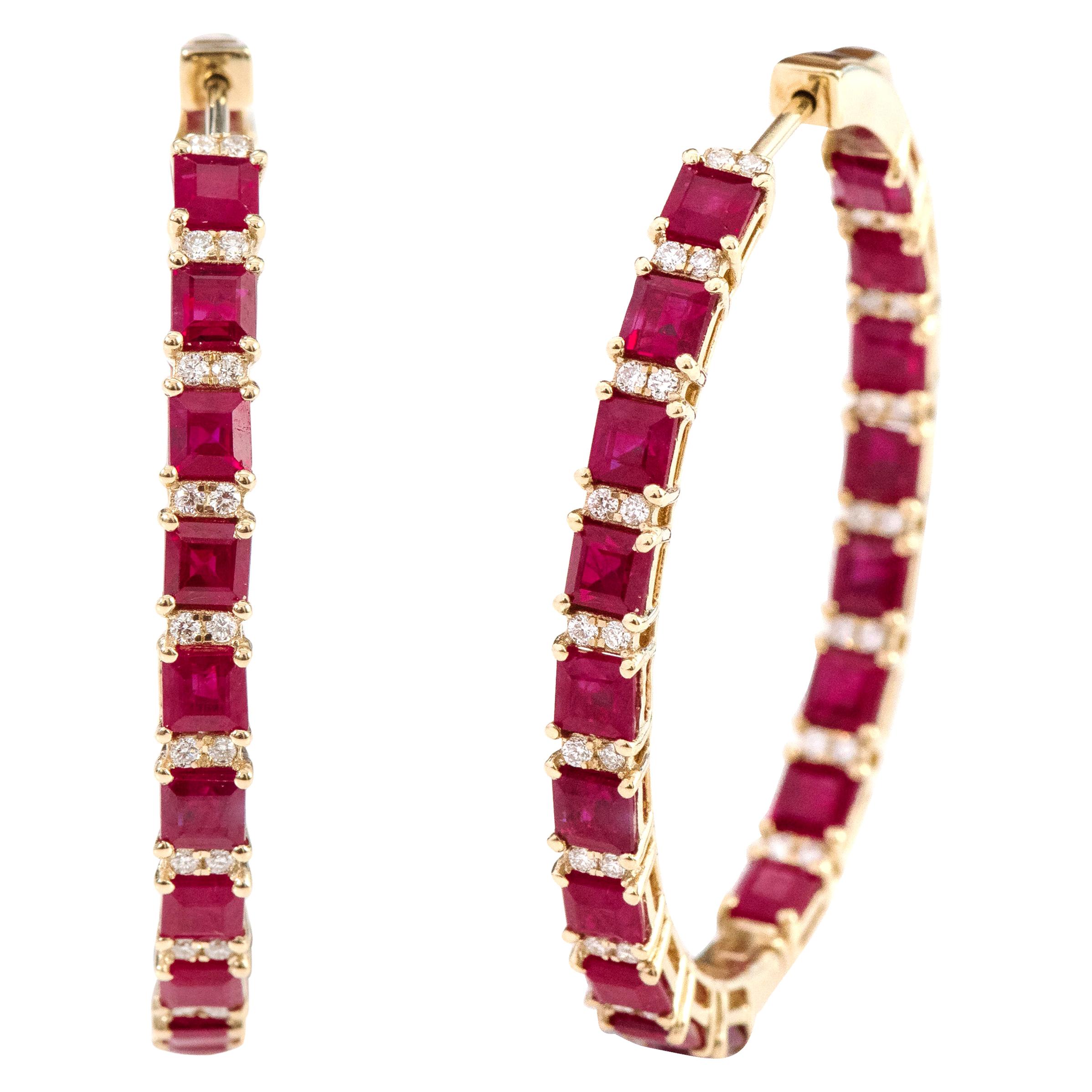 18 Karat Yellow Gold 10.42 Carats Ruby and Diamond Hoop Earrings