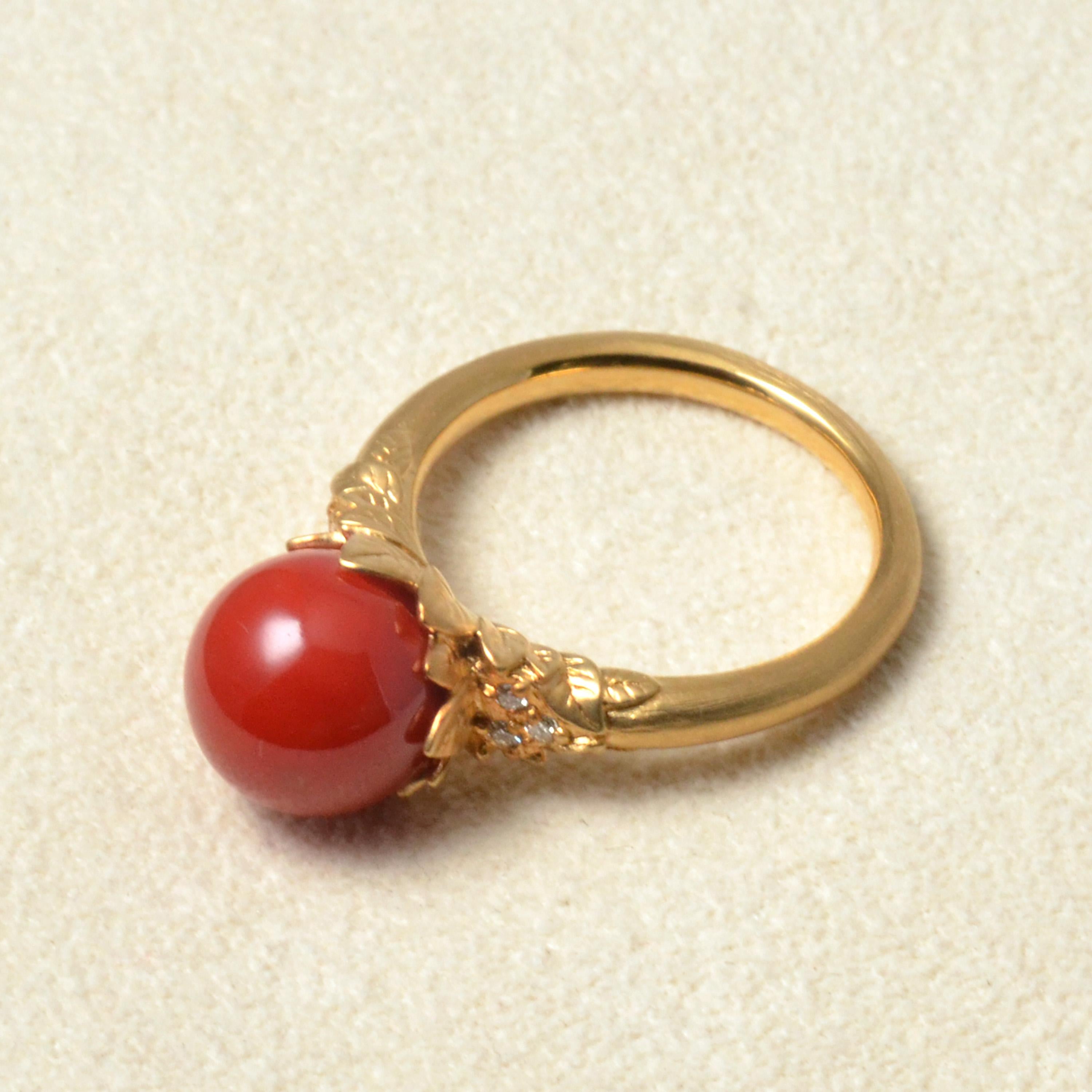 Round Cut 18 Karat Yellow Gold Oxblood Coral Ring with Diamonds For Sale