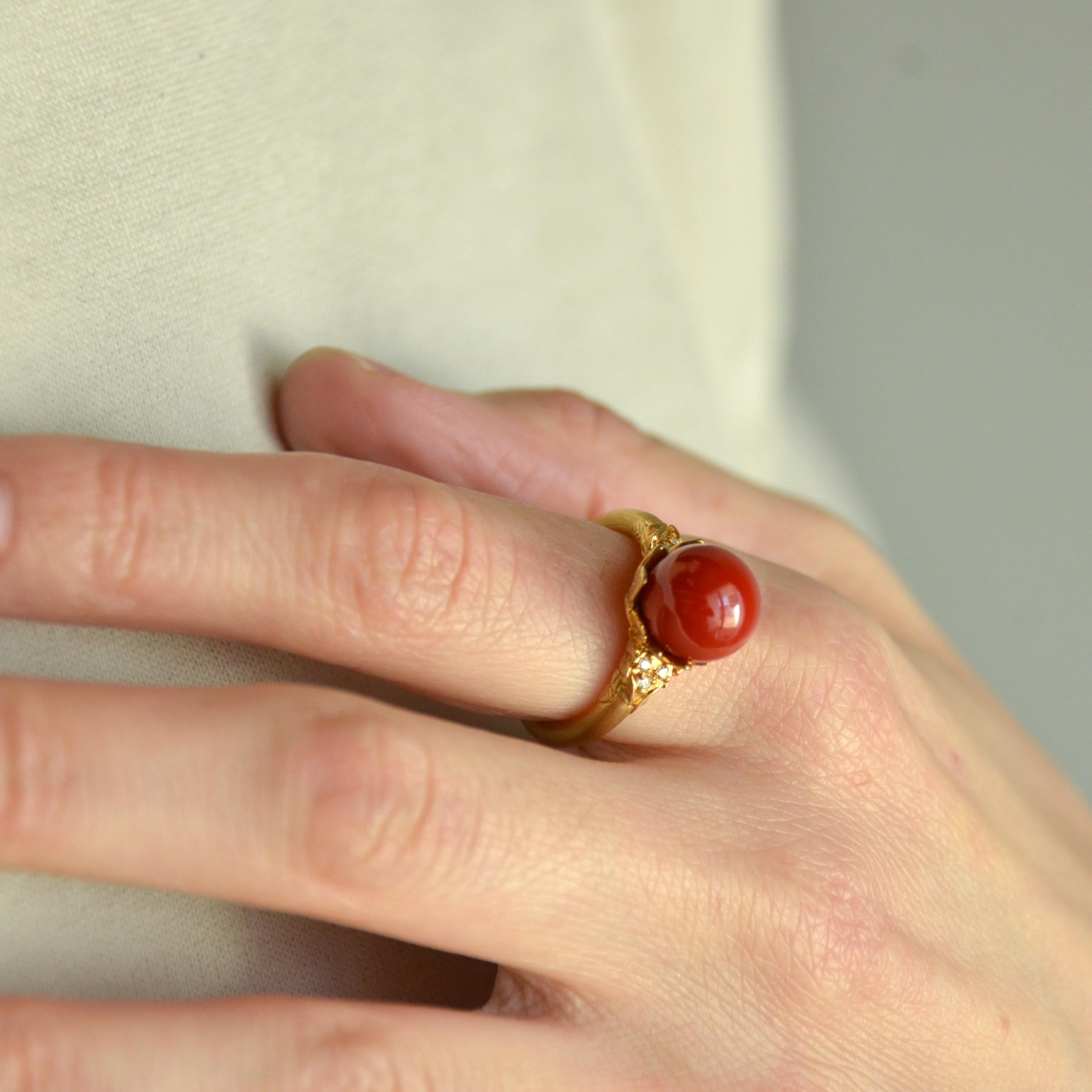 Women's 18 Karat Yellow Gold Oxblood Coral Ring with Diamonds For Sale