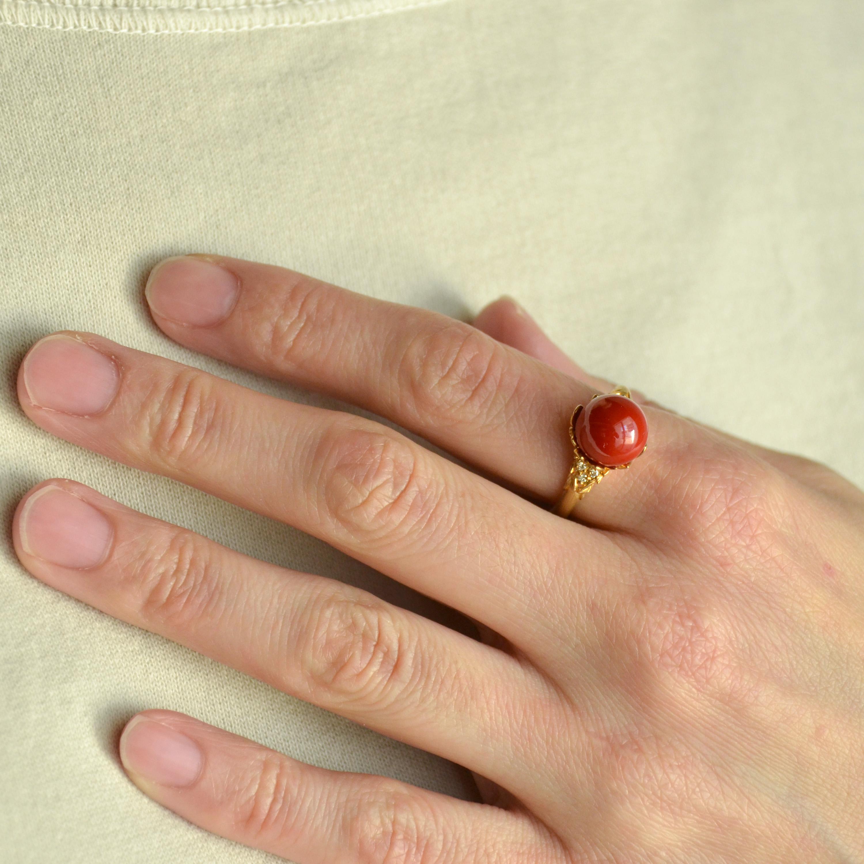 18 Karat Yellow Gold Oxblood Coral Ring with Diamonds For Sale 1