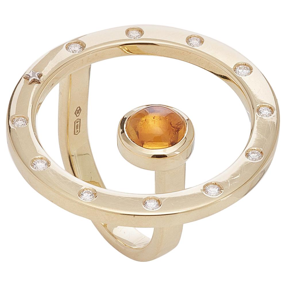 18 Karat Yellow Gold, 11 Diamonds 0.22ct, Citrine Quartz Cabochon Cut Ring For Sale