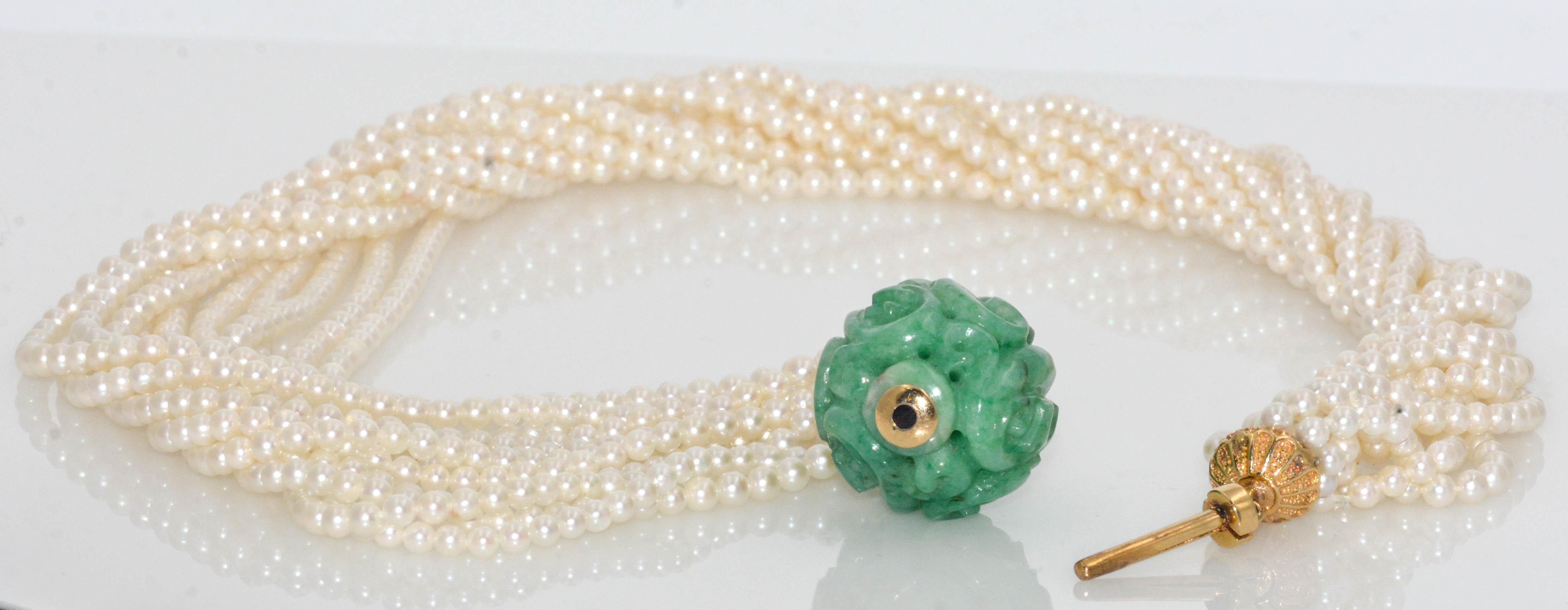 11-Strand Akoya Pearl and Carved Jadeite 18 Karat Yellow Gold Necklace 5