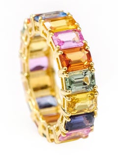 Emerald Cut Rainbow Sapphire Statement Eternity Ring 11.05 CTW 18K Yellow Gold