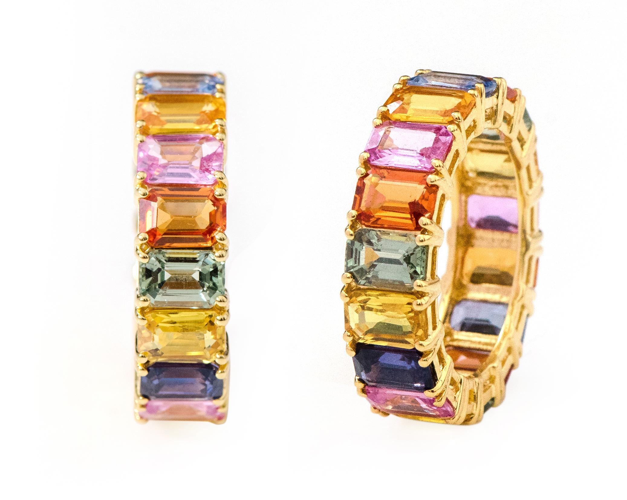 Contemporary 18 Karat Yellow Gold 11.05 Carat Emerald-Cut Multi-Sapphire Eternity Band Ring For Sale