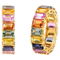 Emerald Cut Rainbow Sapphire Statement Eternity Ring 11.05 CTW 18K Yellow Gold