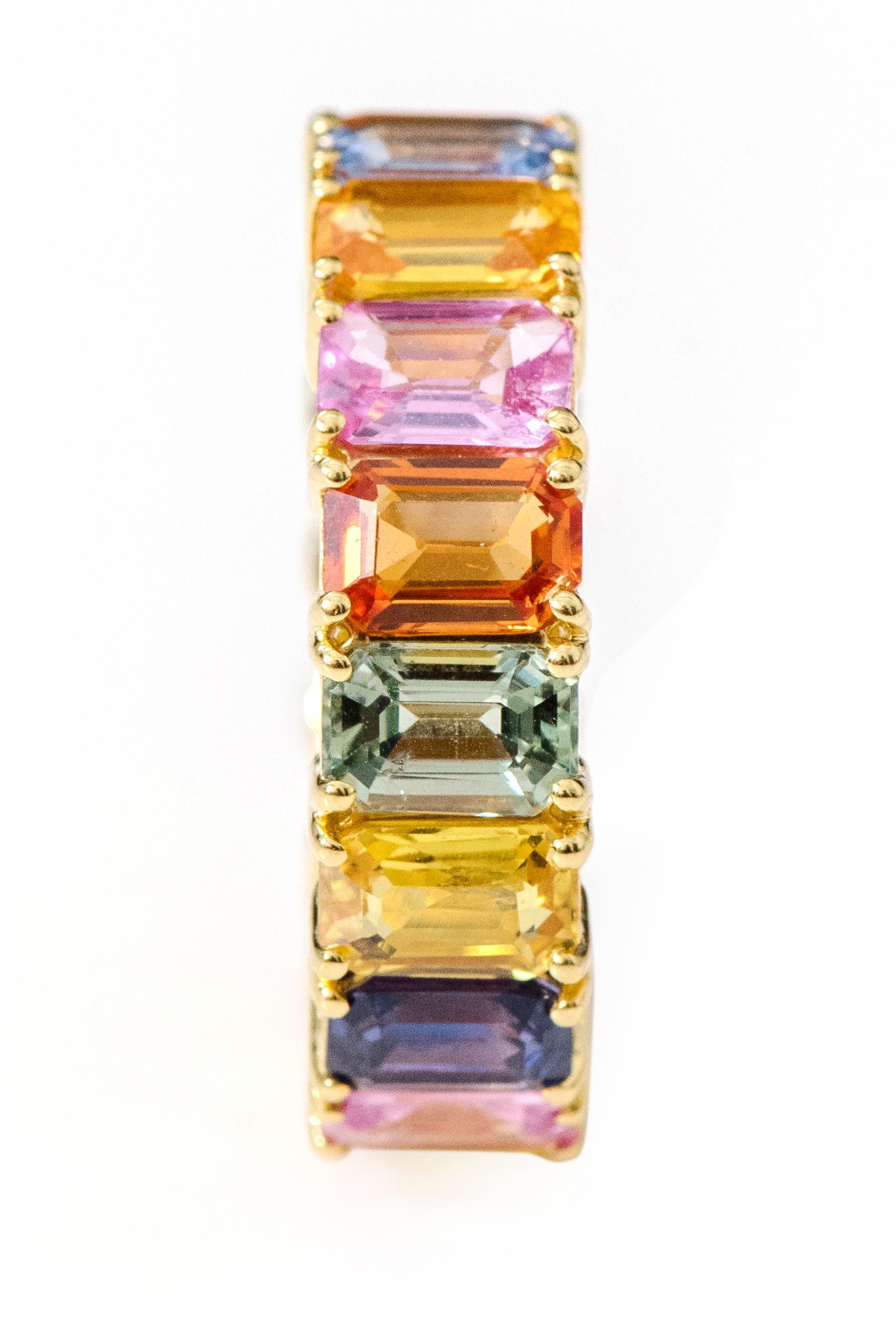 Women's 18 Karat Yellow Gold 11.05 Carat Emerald-Cut Multi-Sapphire Eternity Band Ring For Sale