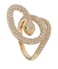 18 Karat Yellow Gold 1.11 Cttw Diamond Serpent Ring with Emerald Eyes