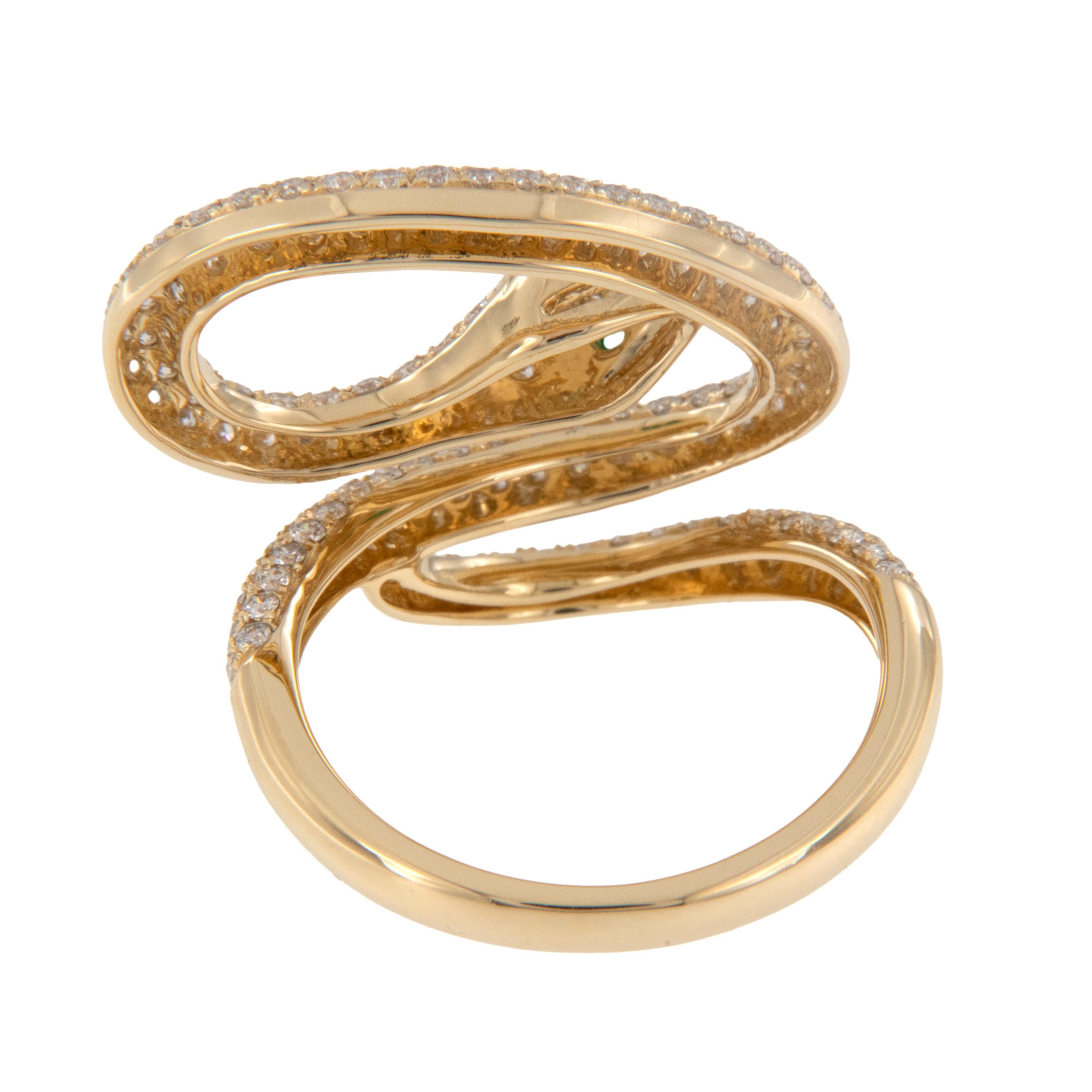 Round Cut 18 Karat Yellow Gold 1.11 Cttw Diamond Serpent Ring with Emerald Eyes For Sale