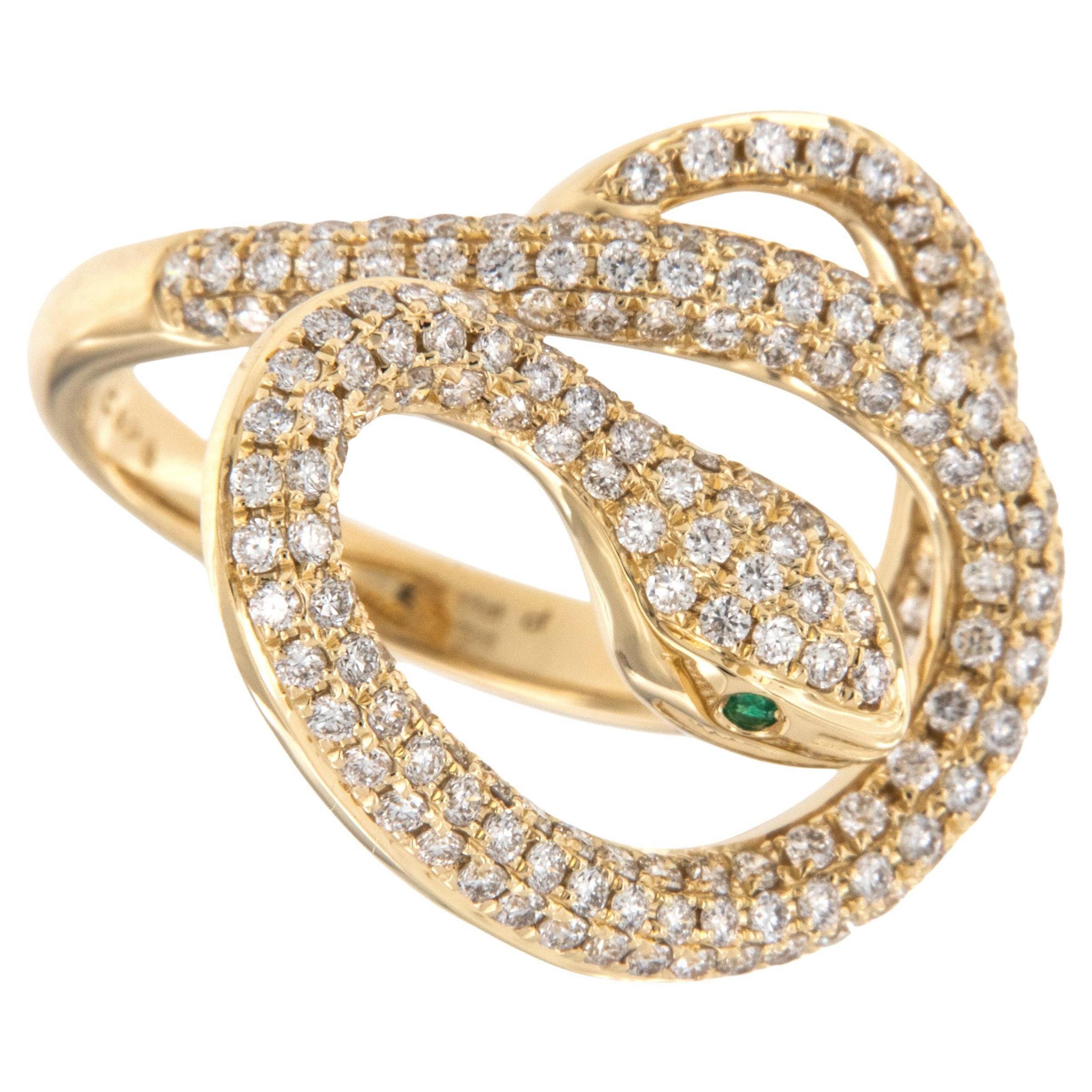 18 Karat Yellow Gold 1.11 Cttw Diamond Serpent Ring with Emerald Eyes For Sale