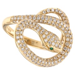 Anillo Serpiente de Oro Amarillo de 18 Kilates y Diamantes de 1,11 qt con Ojos de Esmeralda
