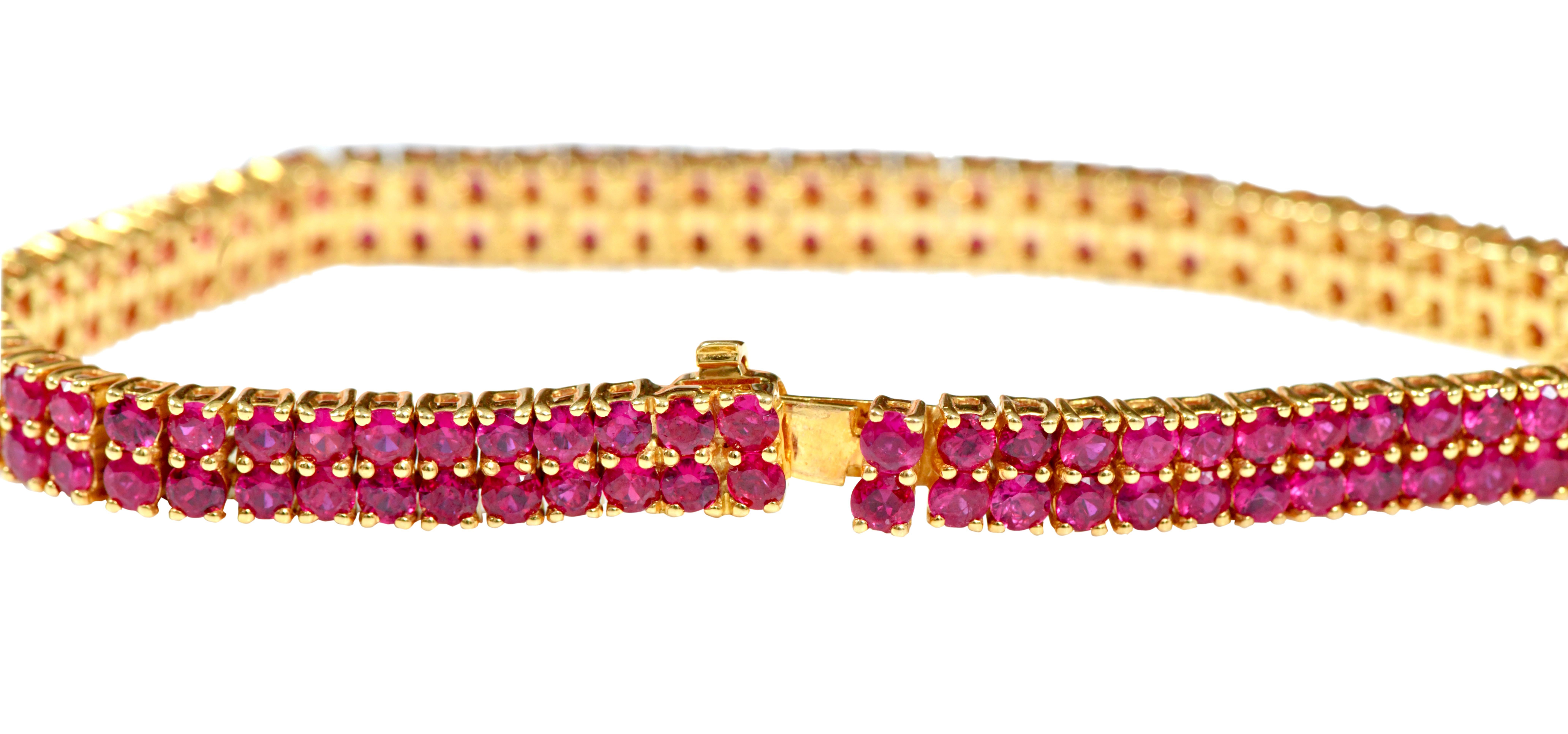 Modern 18 Karat Yellow Gold 11.13 Carat Ruby Double-Row Contemporary Tennis Bracelet For Sale