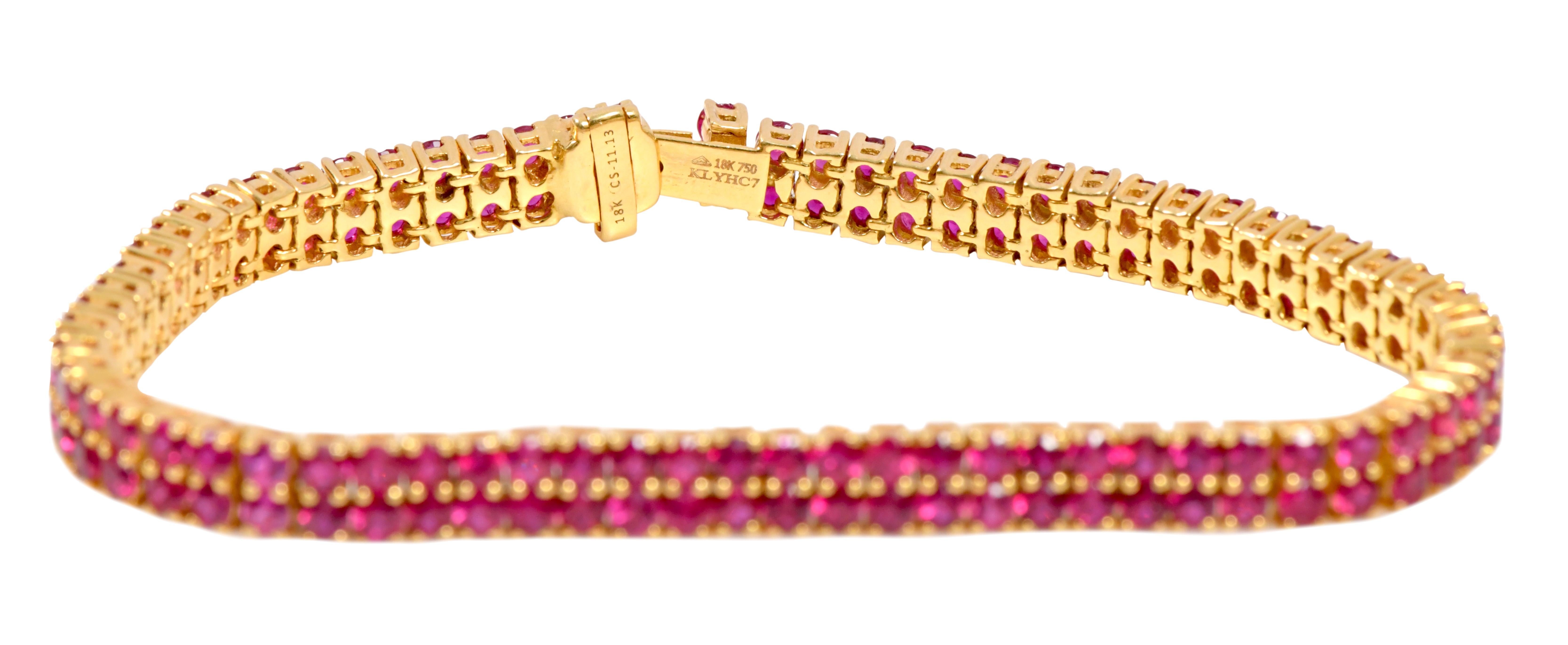 Round Cut 18 Karat Yellow Gold 11.13 Carat Ruby Double-Row Contemporary Tennis Bracelet For Sale