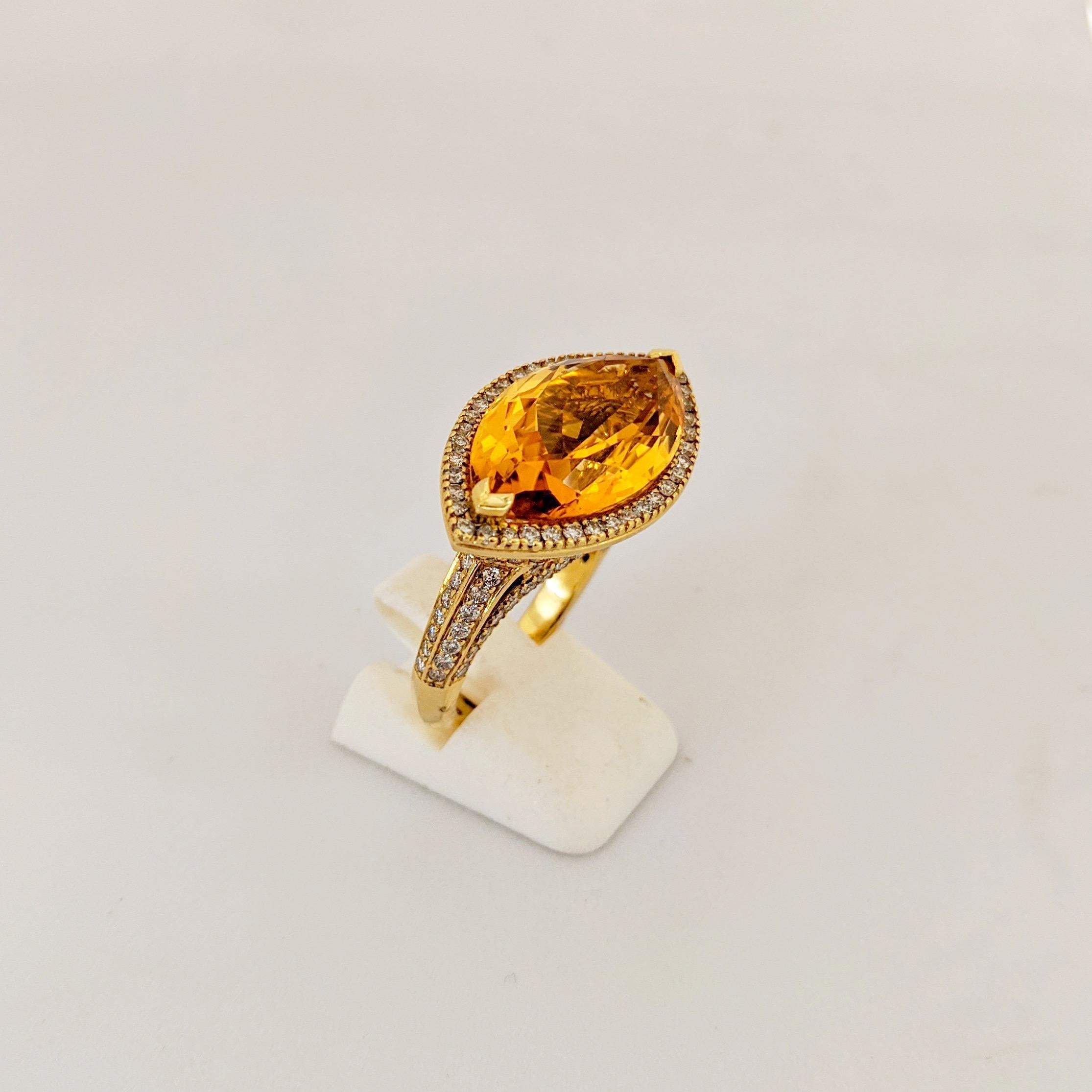 Marquise Cut 18 Karat Yellow Gold 11.43 Carat Marquis Citrine and 1.87 Carat Diamond Ring For Sale