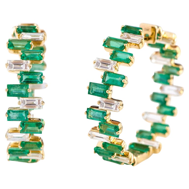 Boucles D'Oreilles En Or 18k Avec Émeraudes Naturelles Colombiennes - 12 Diamants, Fait Main