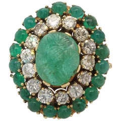 18 Karat Yellow Gold 1.25 Carat Diamond Carved Emerald Antique Cocktail Ring