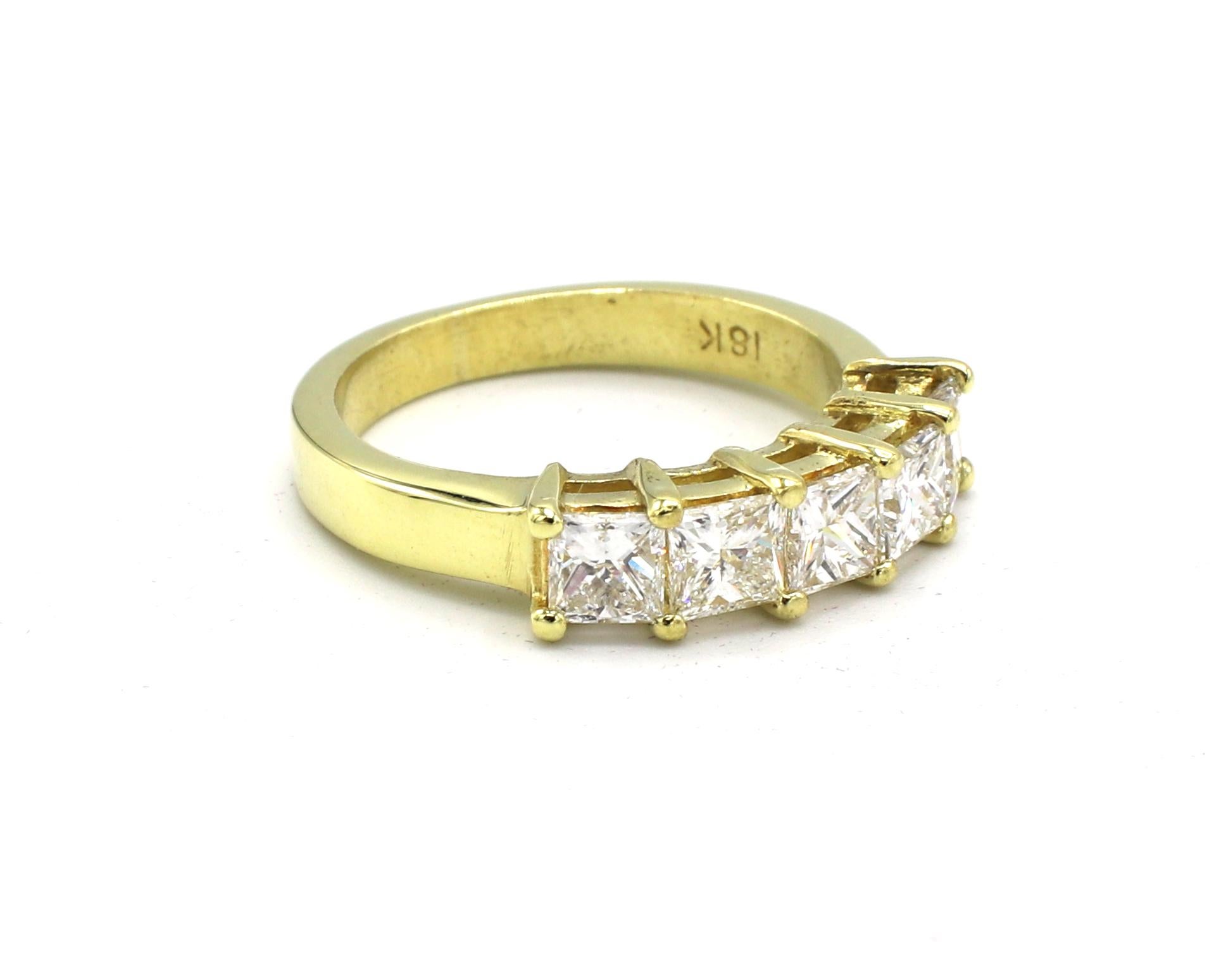 18 Karat Yellow Gold 1.25 Carat Princess Cut 5 Stone Diamond Wedding Band Ring 
Metal: 18k yellow gold
Weight: 4.34 grams
Diamonds: 5 princess cut diamonds, approx. 1.25 CTW G-H VS
Size: 5 (US)
Band is 2.5MM at base
