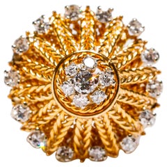 18 Karat Yellow Gold 1.35 Carat White Round Cut Pave Diamond Cocktail Dome Ring