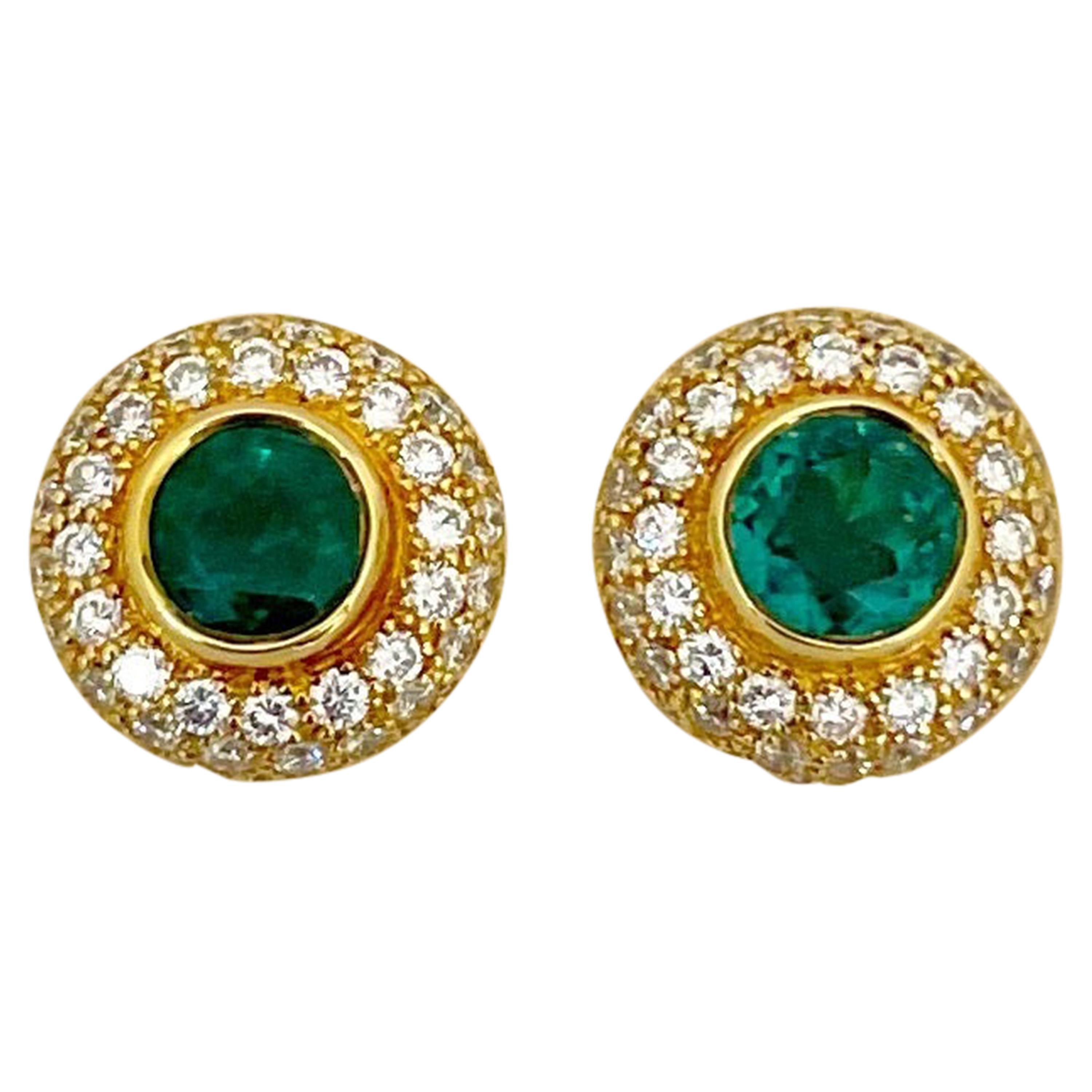 18 Karat Yellow Gold 1.37 Carat Diamond and .98 Carat Emerald Stud Earrings For Sale