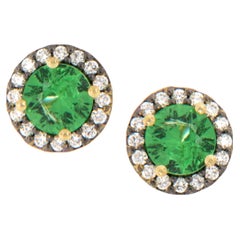 18 Karat Yellow Gold 1.37 Cttw Tsavorite and 0.25 Cttw Diamond Halo Stud Earring