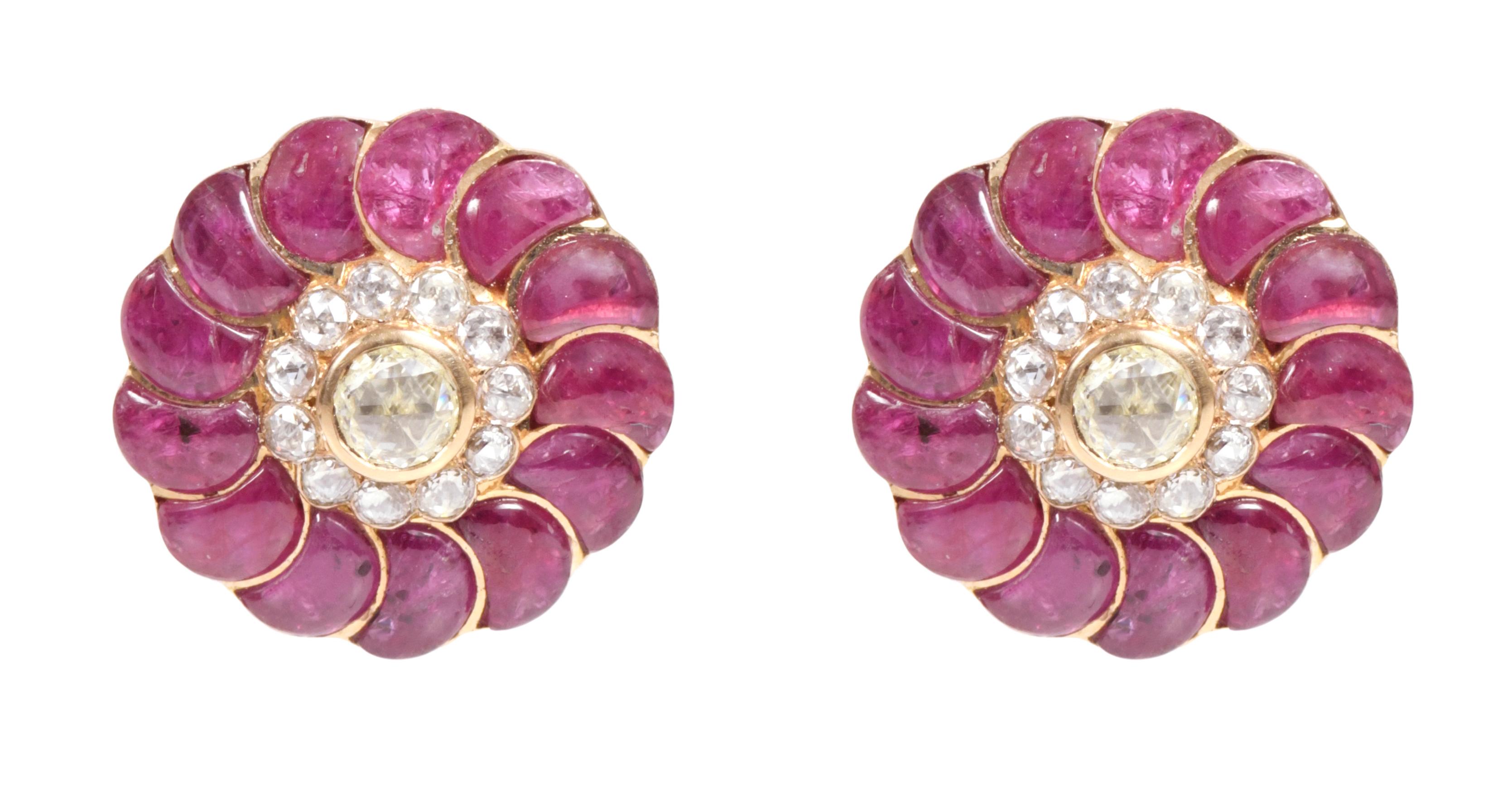 Rose Cut 18 Karat Yellow Gold 13.73 Carat Ruby and Diamond Flower Stud Earrings For Sale
