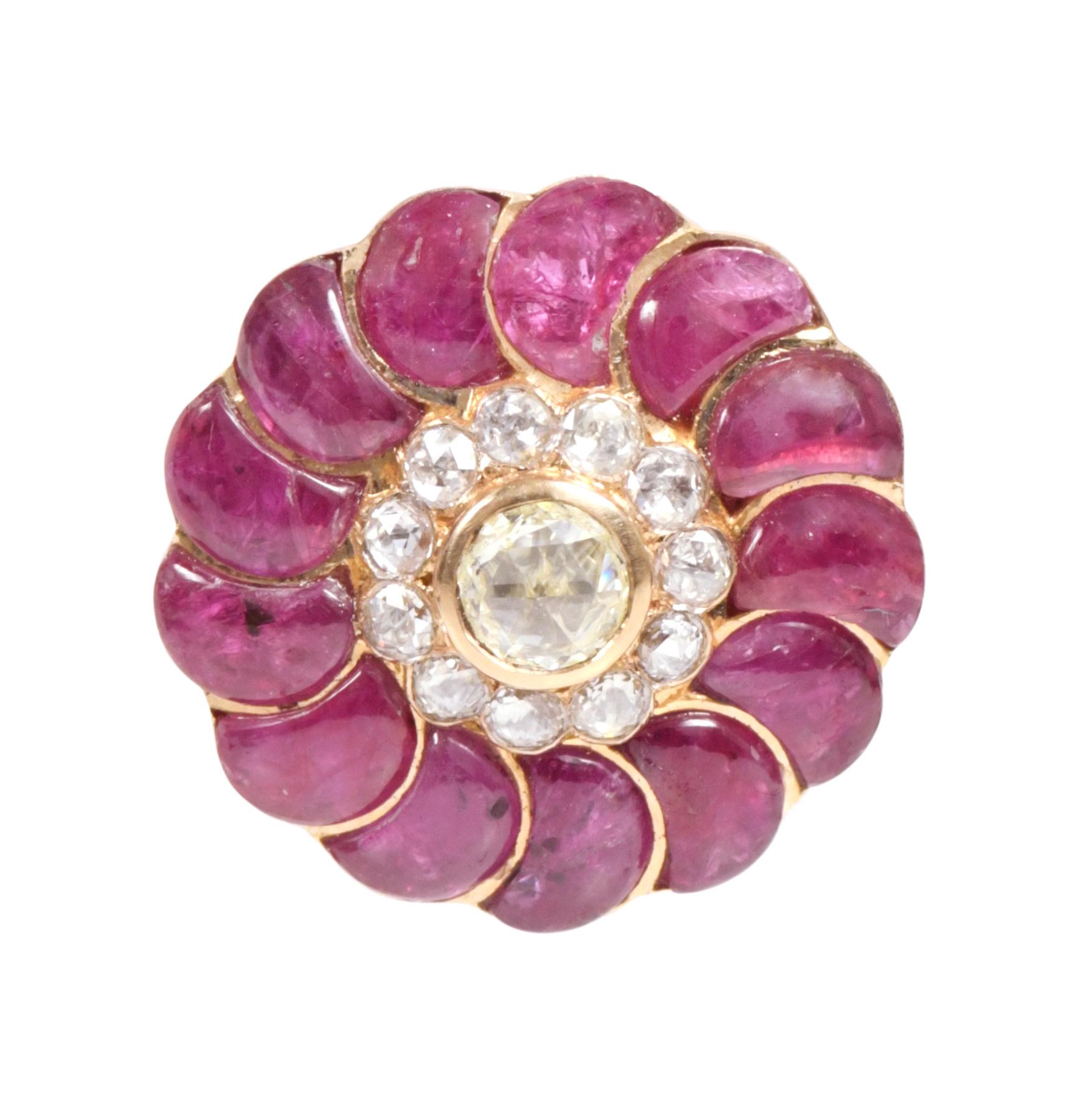 18 Karat Yellow Gold 13.73 Carat Ruby and Diamond Flower Stud Earrings In New Condition For Sale In Jaipur, IN