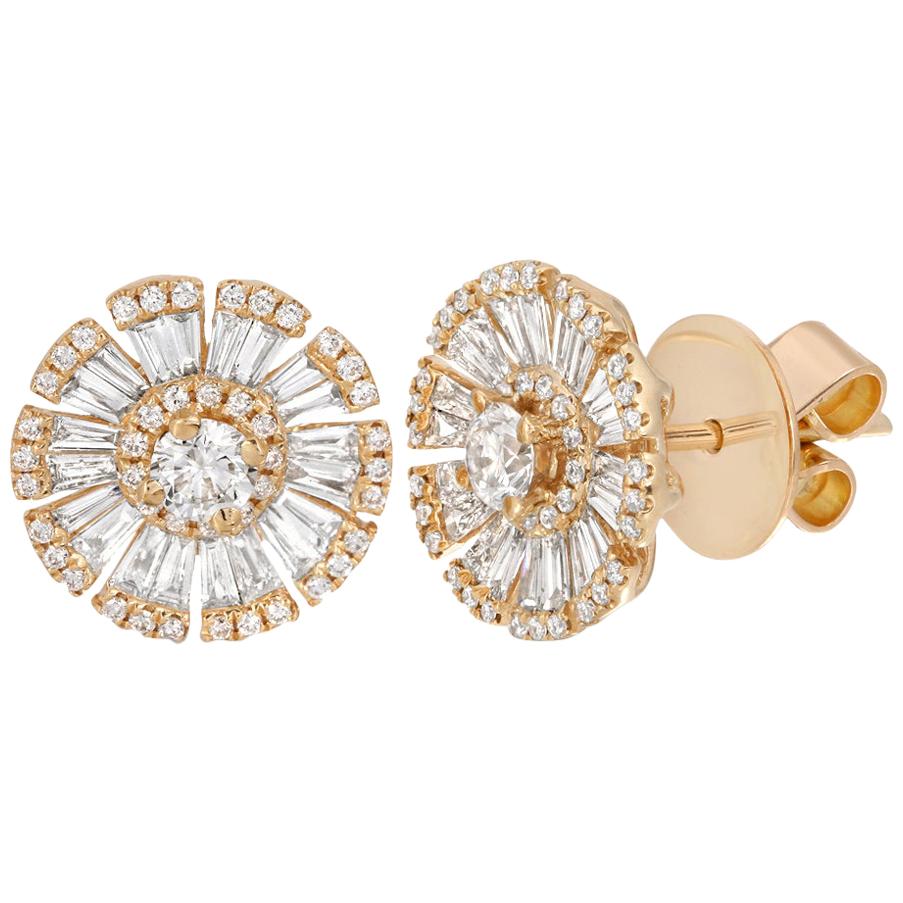 18 Karat Yellow Gold 1.39 Carat Diamonds Round Flower Stud Earrings For Sale