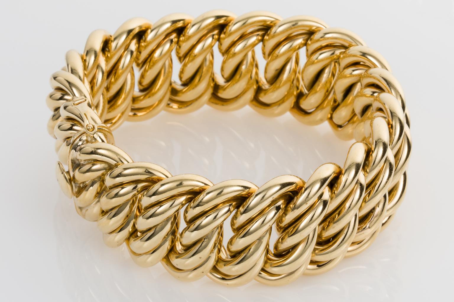 Isn't this spectacular! I just love these big wide chunky bracelets in soft buttery 18k yellow gold. This one is particularly special, firstly its French - stamped with French marks and it's from the 1940's period. Bracelets like this are rare to