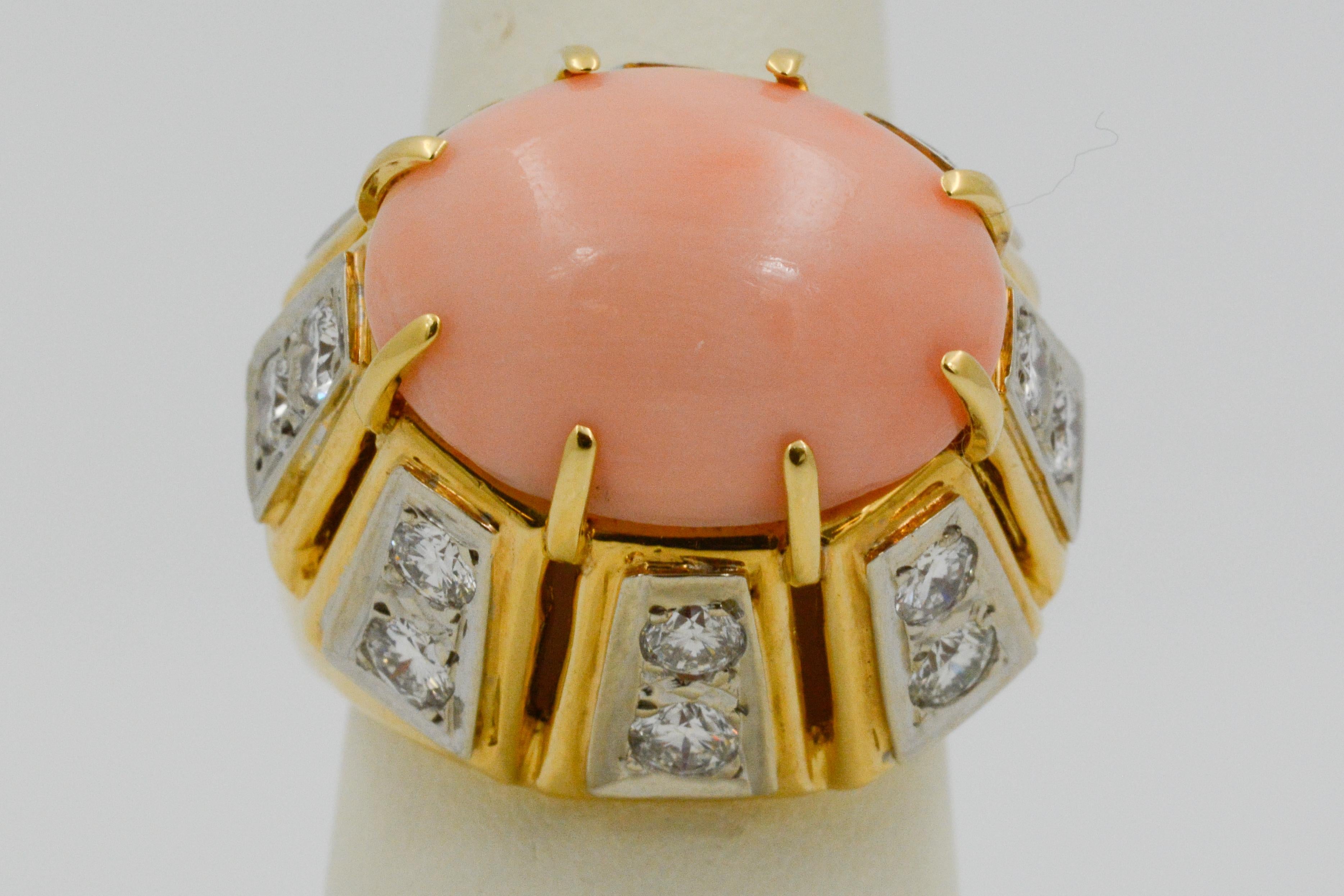 Oval Cut 18 Karat Yellow Gold 14.57 Carat Angel Skin Coral Fashion Ring