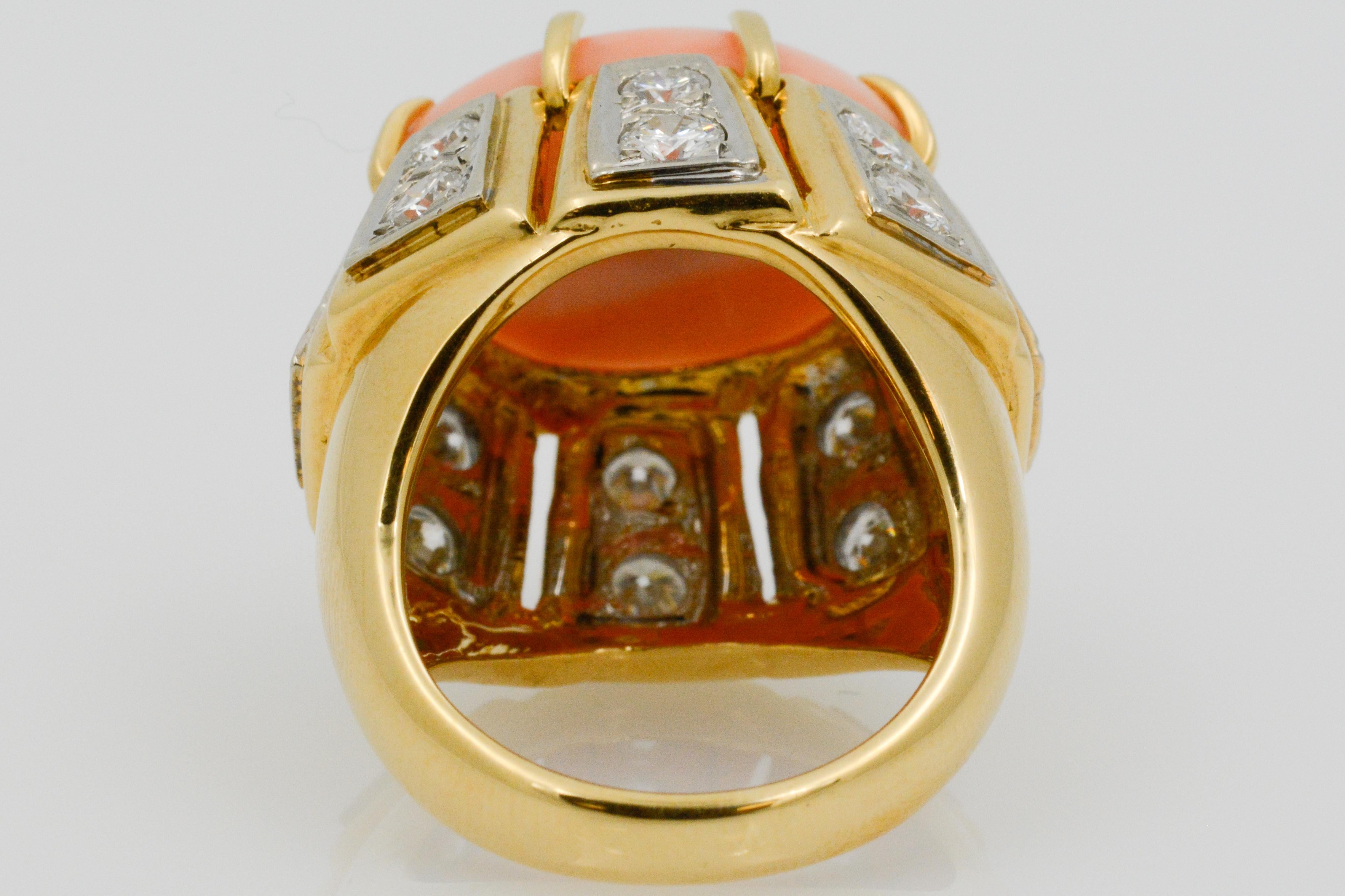 Women's 18 Karat Yellow Gold 14.57 Carat Angel Skin Coral Fashion Ring