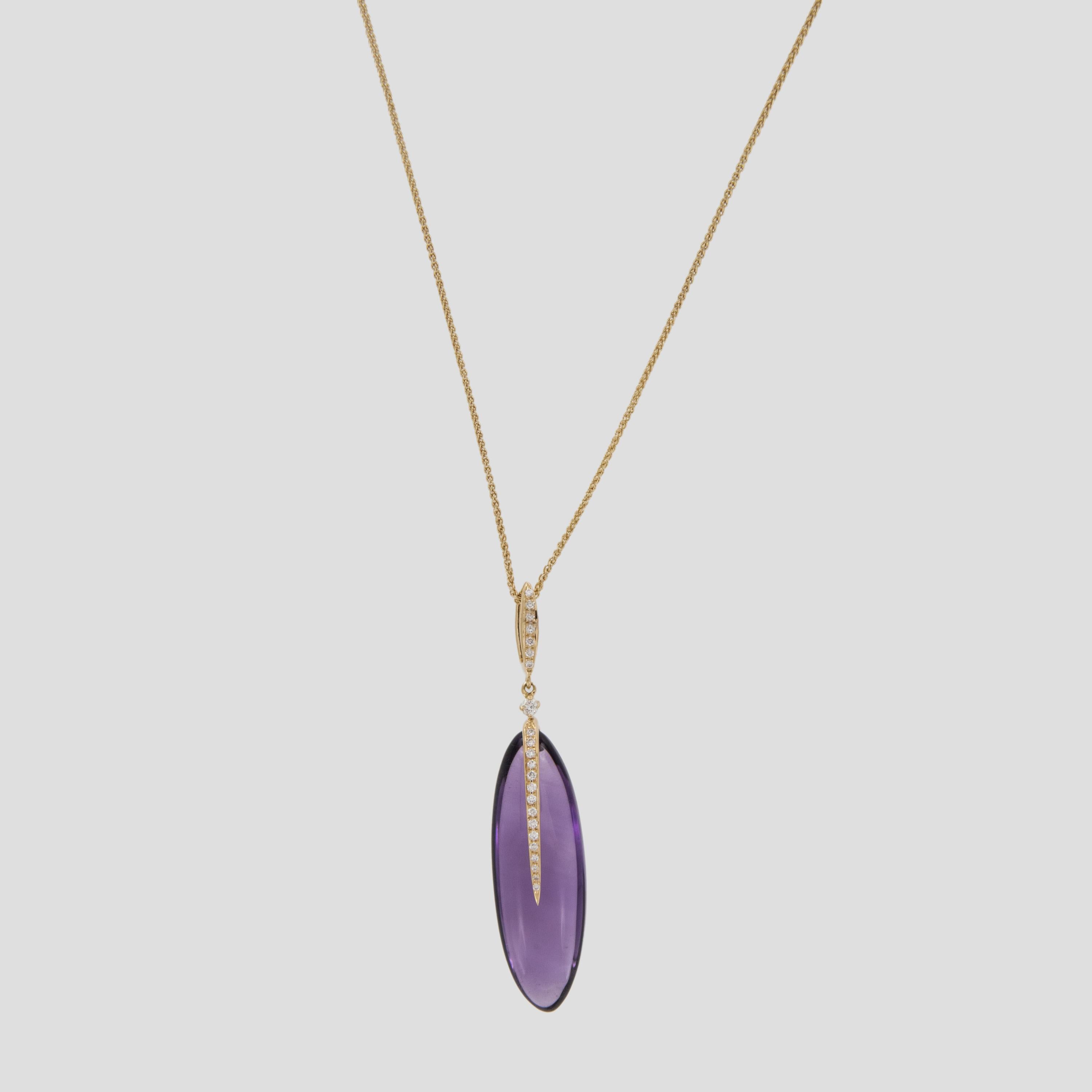 Amethyst is the stone of St. Valentine and faithful love. It carries the energy of fire and passion, creativity and spirituality; yet bears the logic of temperance and sobriety. This unique & beautiful 18 karat yellow gold necklace features a 14.93
