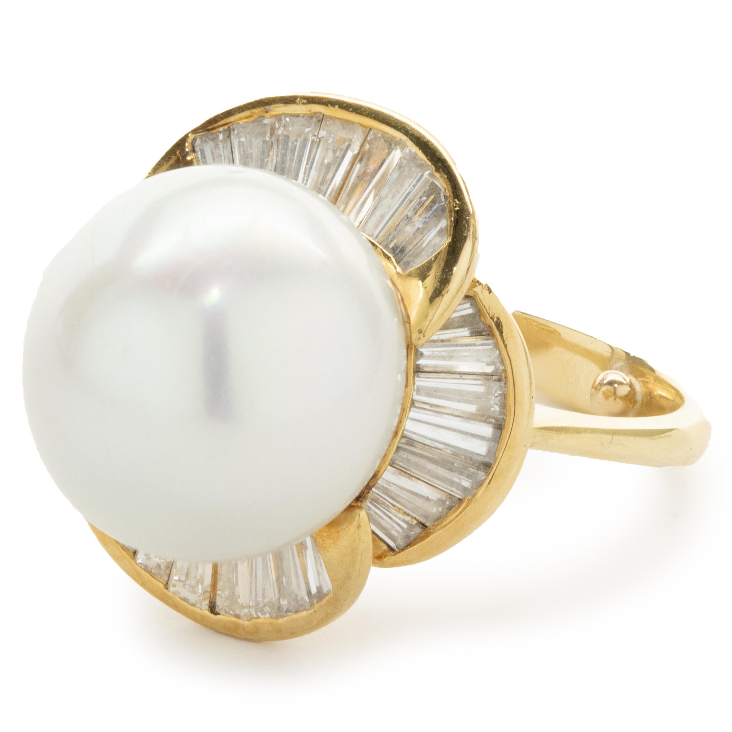 Designer: custom design
Material: 18k yellow gold
South Sea Pearl: 14MM 
Diamond: 30 baguette cut = 1.75cttw
Color: G
Clarity: SI1
Ring Size: 6 (please allow two additional shipping days for sizing requests)
Dimensions: ring top measures