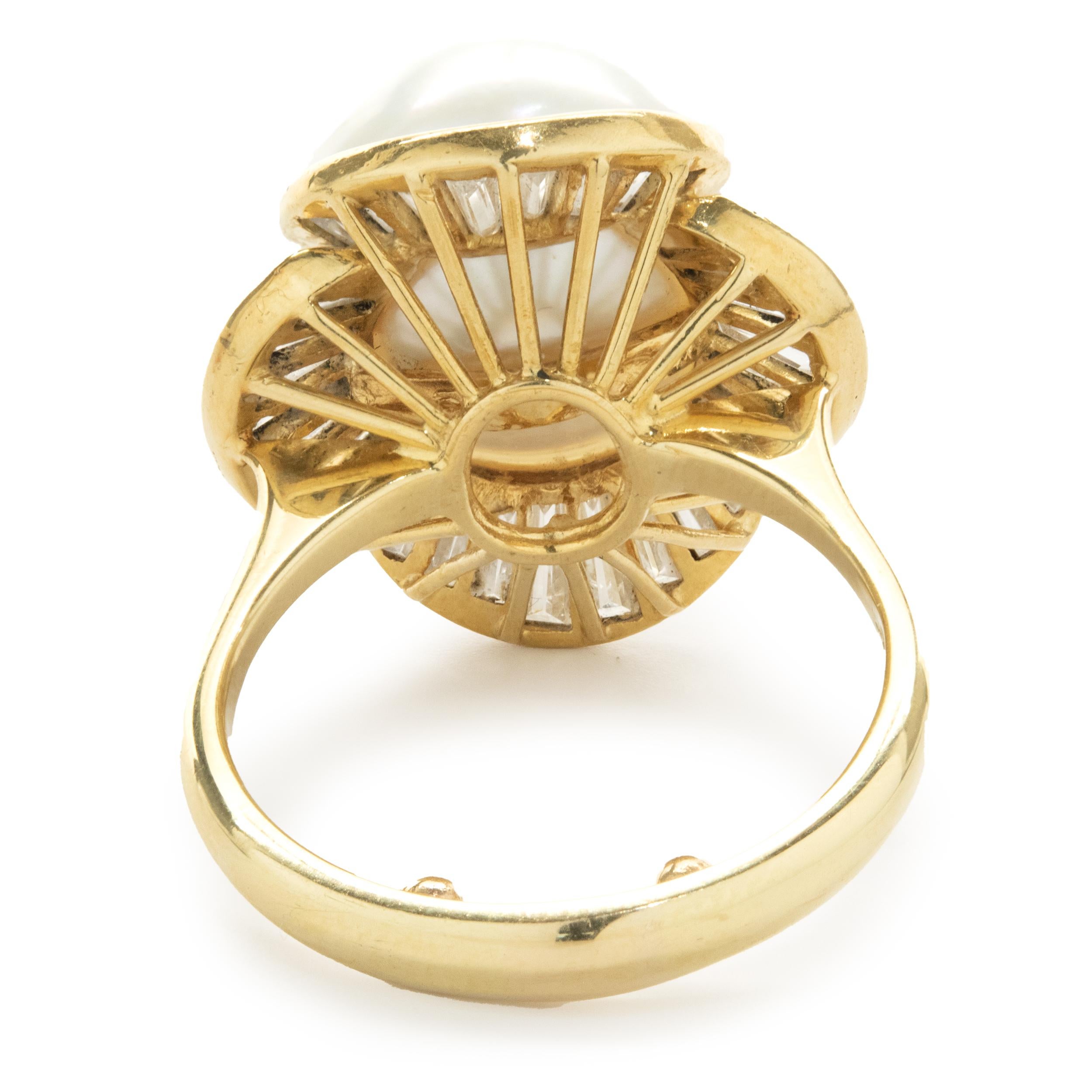 Baguette Cut 18 Karat Yellow Gold 14MM South Sea Pearl and Baguette Diamond Ballerina Ring