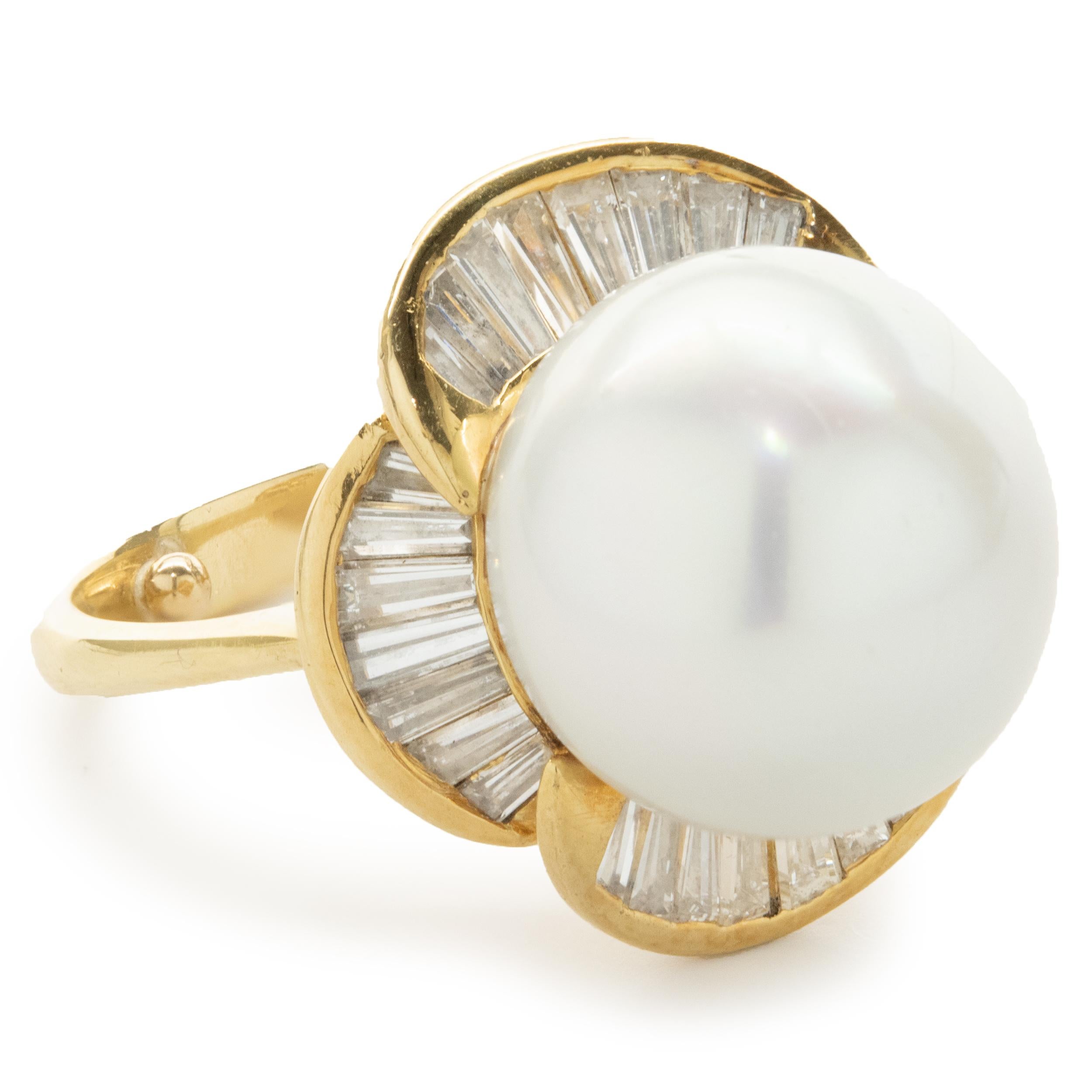 18 Karat Yellow Gold 14MM South Sea Pearl and Baguette Diamond Ballerina Ring In Excellent Condition In Scottsdale, AZ
