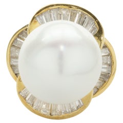 18 Karat Yellow Gold 14MM South Sea Pearl and Baguette Diamond Ballerina Ring