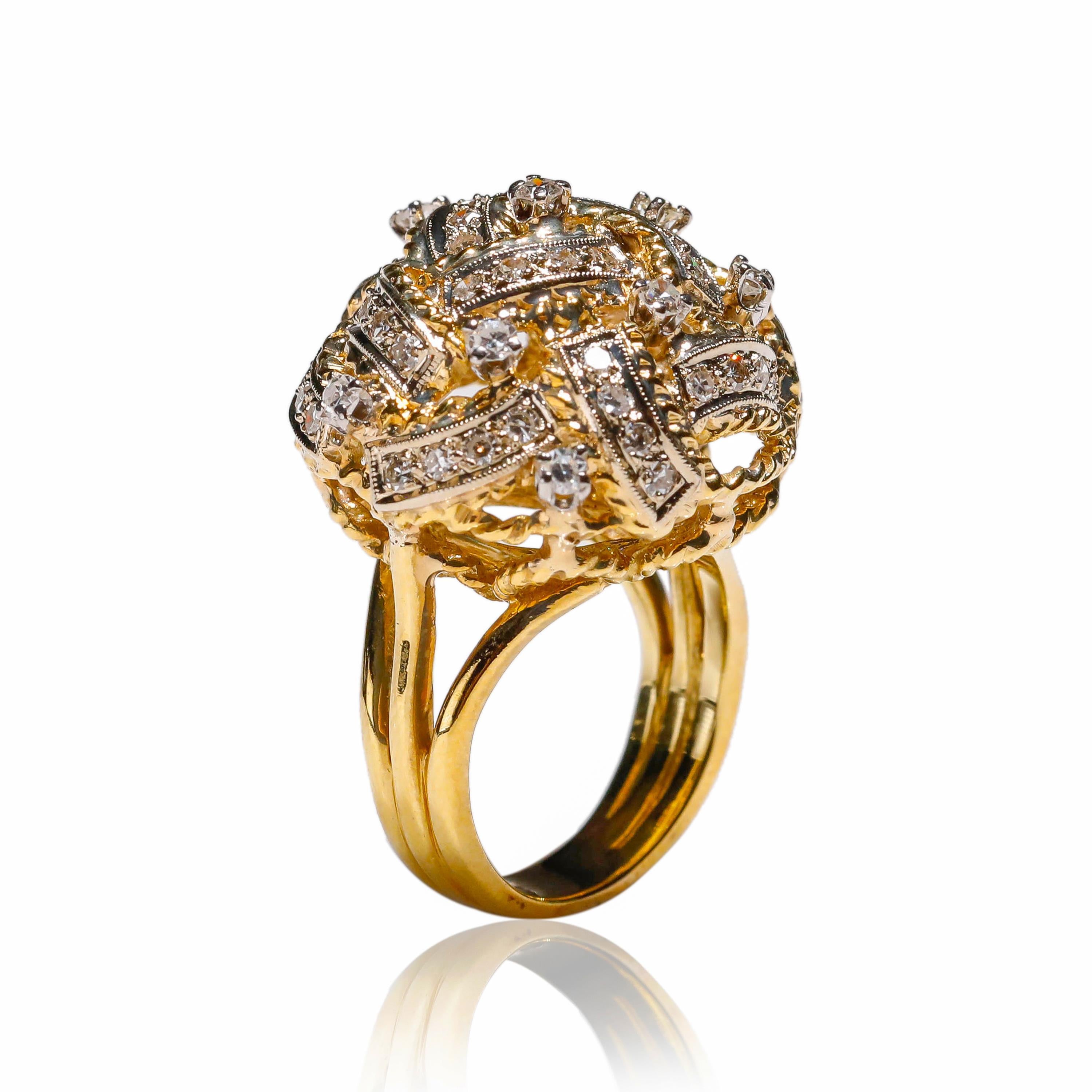 Artisan 18 Karat Yellow Gold 1.5 Carat Round Pave Diamond Cocktail Ring Vintage Style