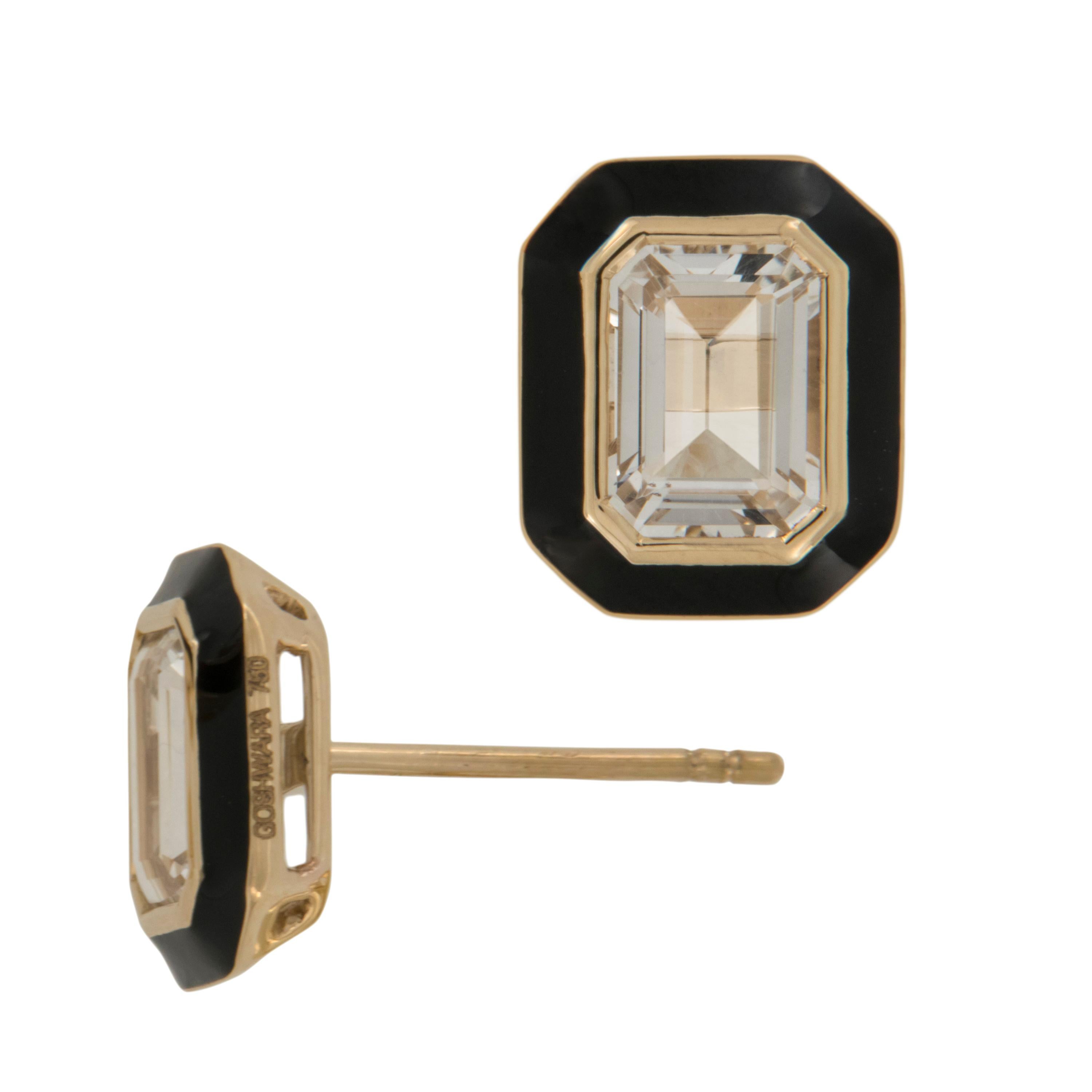 Taille émeraude Goshwara Boucles d'oreilles « Queen » en or jaune 18 carats et émail de cristal de roche de 1,50 carat en vente