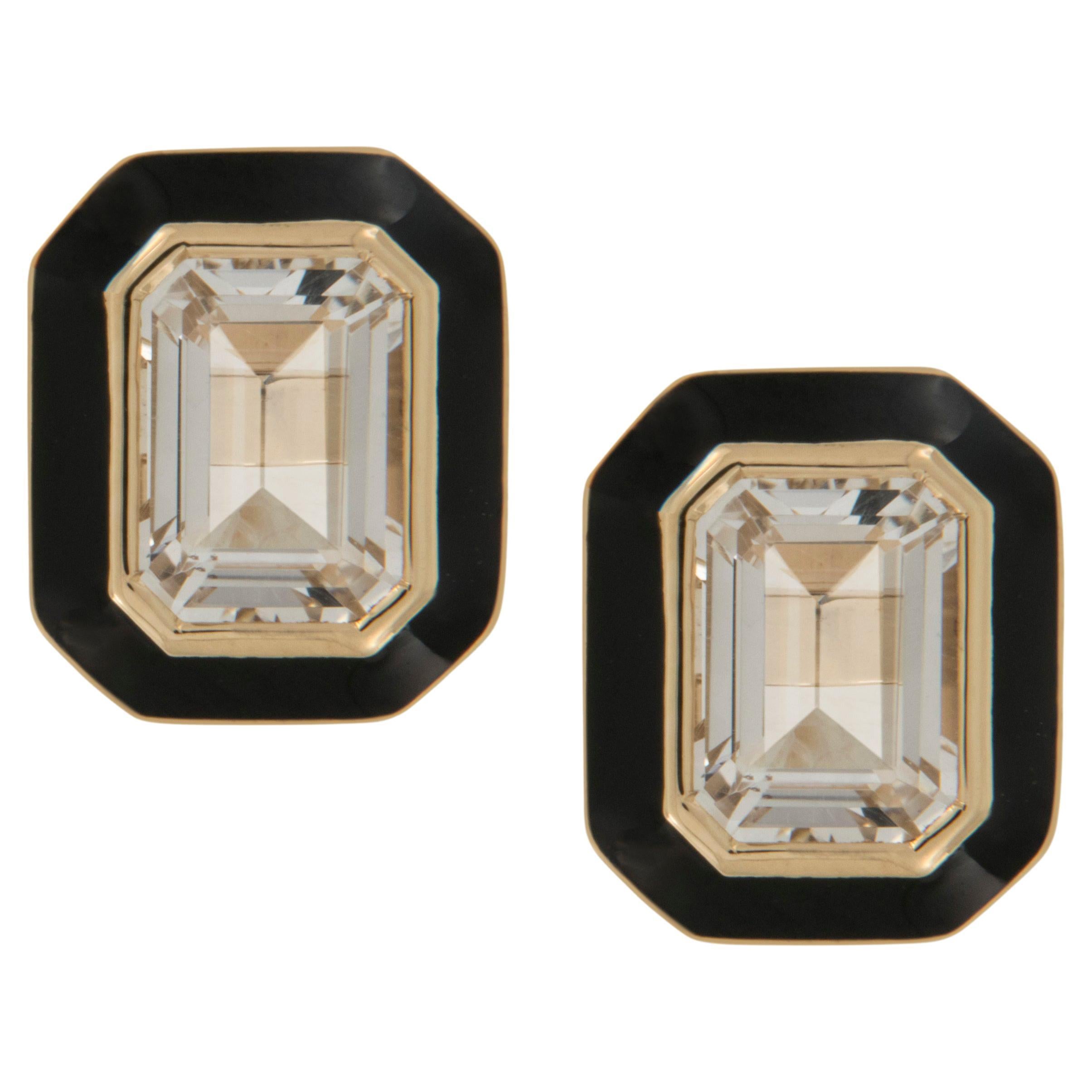 18 Karat Yellow Gold 1.50 Carat Rock Crystal Enamel Queen Earrings by Goshwara For Sale
